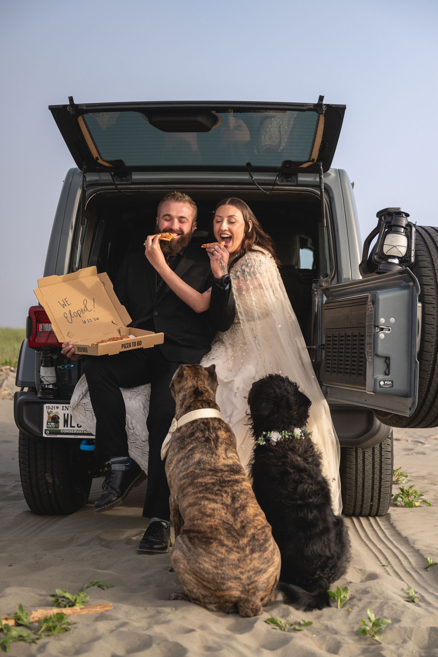 A young couple celebrates their Washington coast elopement by sharing pizza in the back of their Jeep with their two dogs.