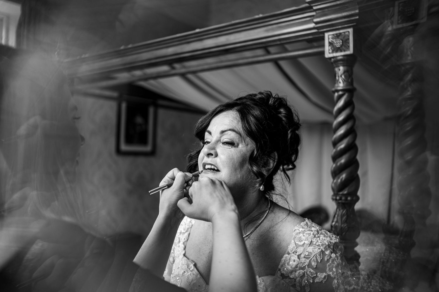 documentary wedding photography haven hotel dunmore bride getting ready lipstick black and white fun loving