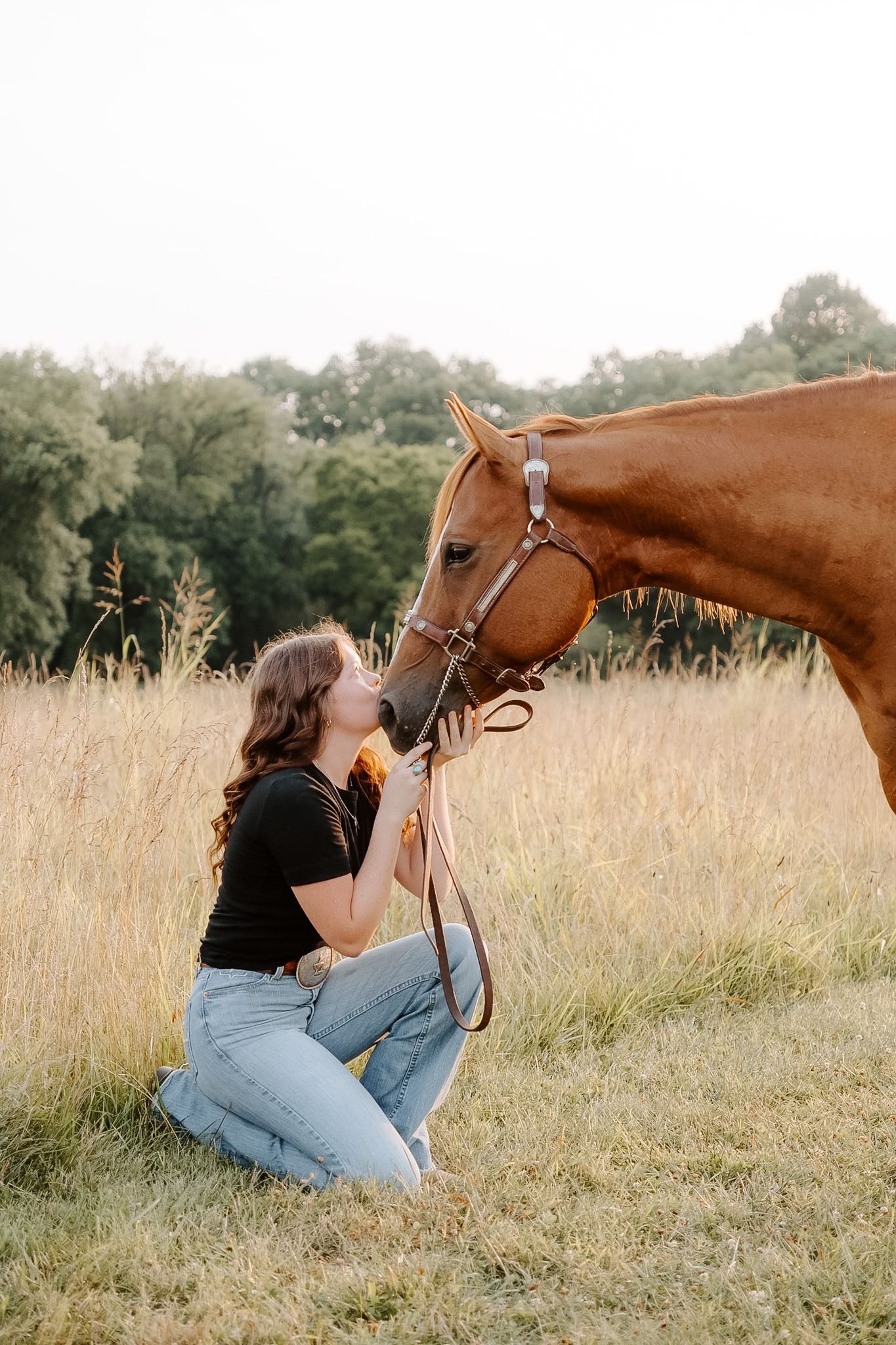 Girl kissing Horse's nose in sunlit field