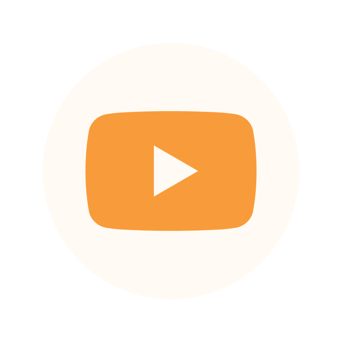 Orange YouTube-style play button icon on a soft cream circular background, ideal for video content links.