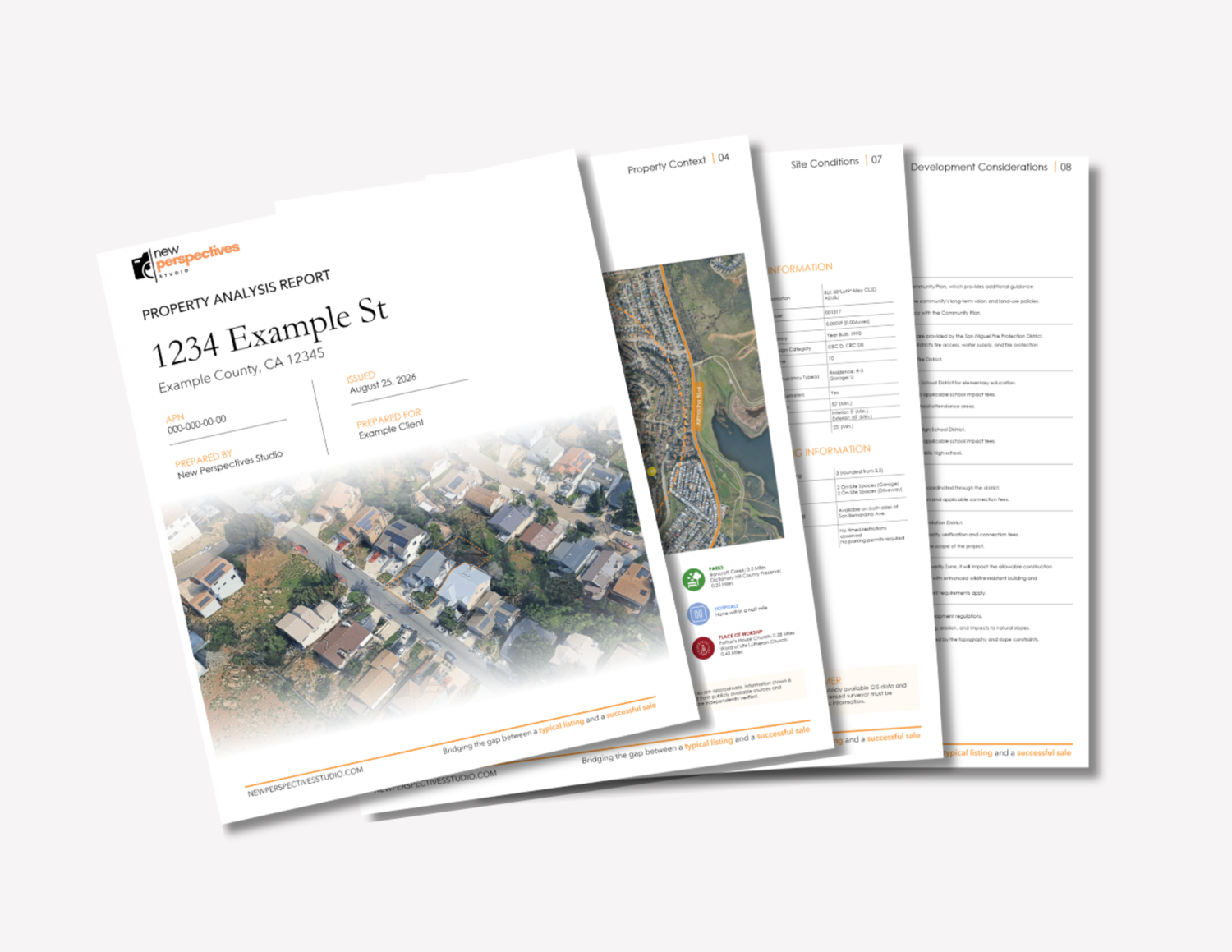 Fan of property analysis report pages showing aerial map and details for 1234 Example St real estate listing.