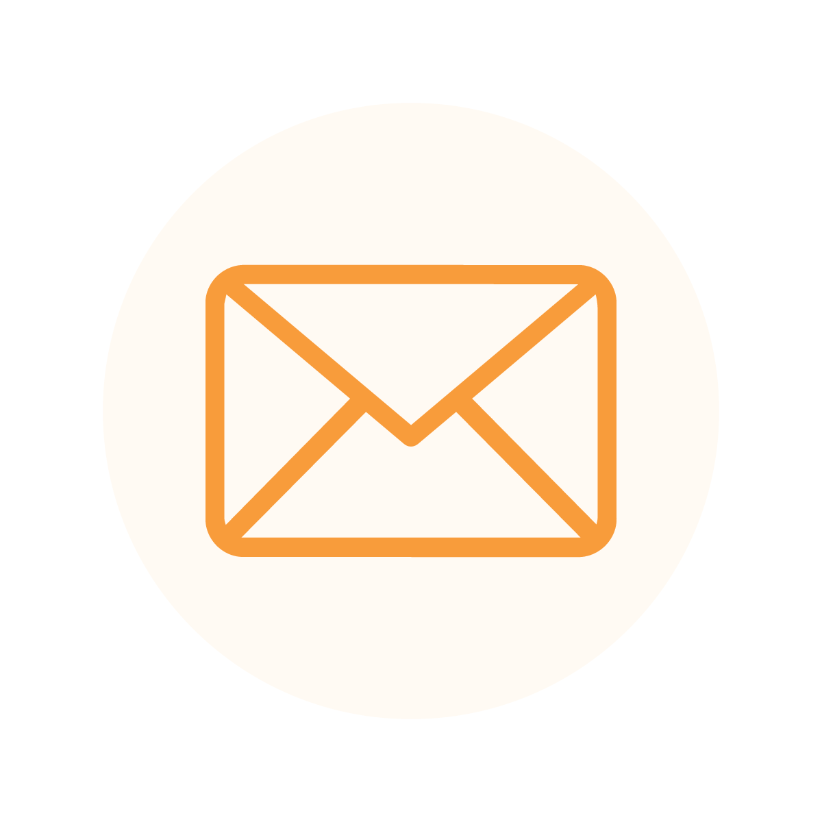 Orange envelope icon on a light peach circular background, symbolizing email or messaging communication.