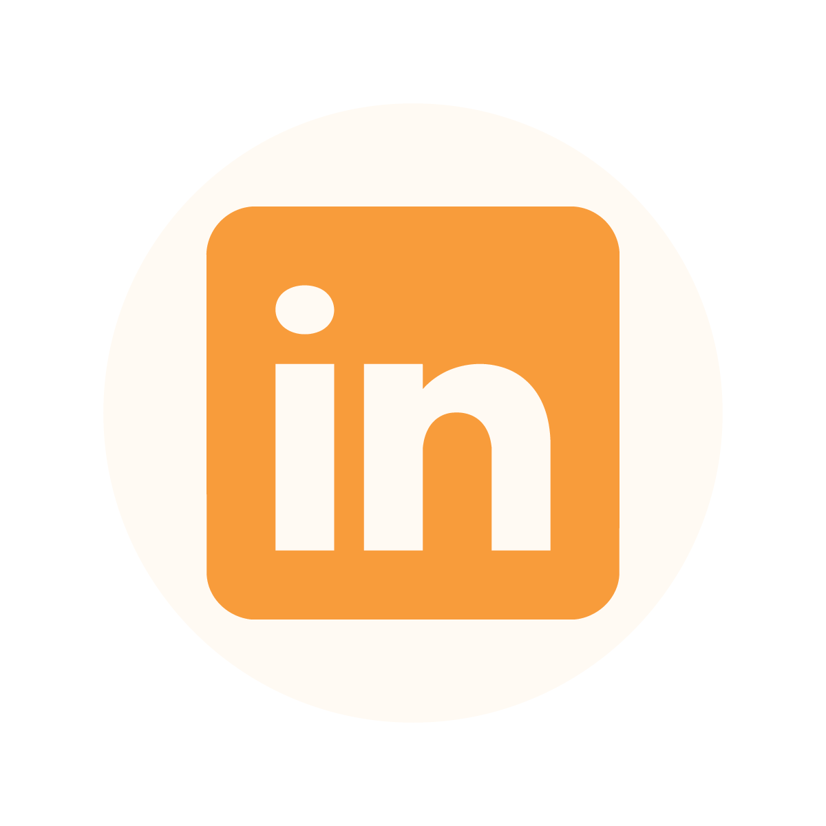 Orange LinkedIn social media icon with rounded corners on a light peach circular background.