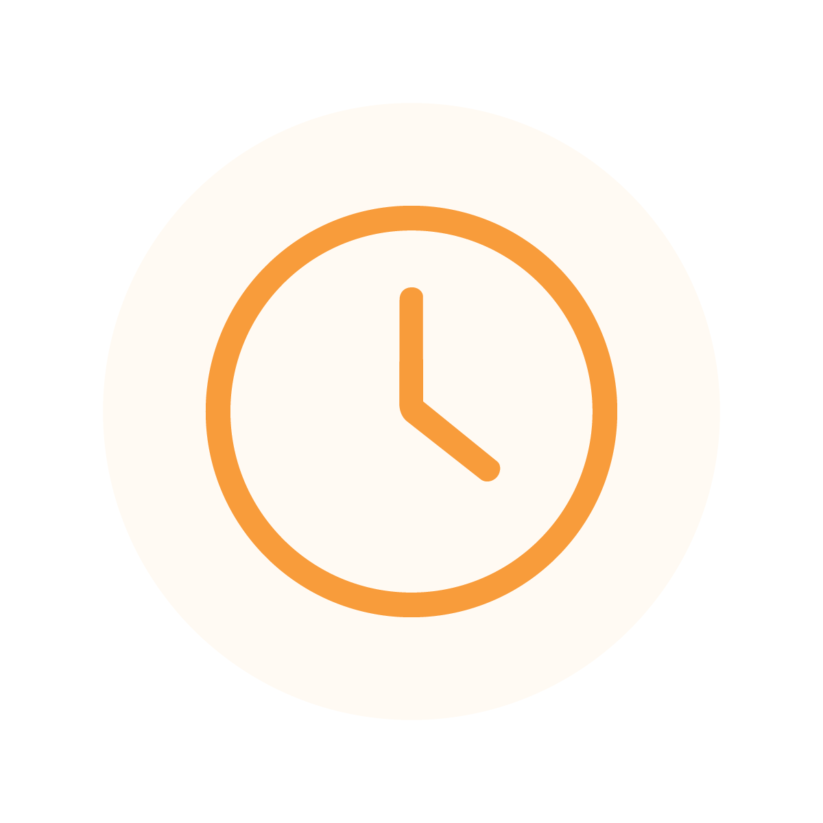 Orange clock icon on a light peach circular background, symbolizing time management and scheduling concepts.