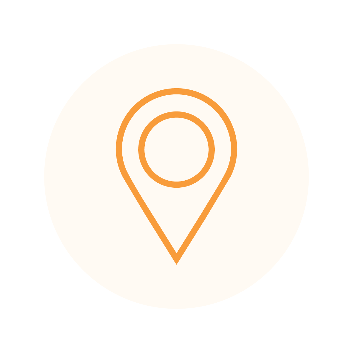 Orange location pin icon on a soft peach circular background, symbolizing a map marker or GPS point.