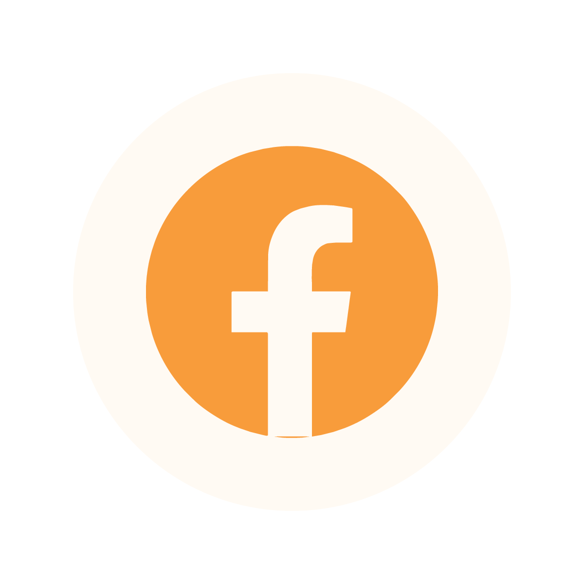 Orange Facebook logo icon on a light peach circular background for social media linking.