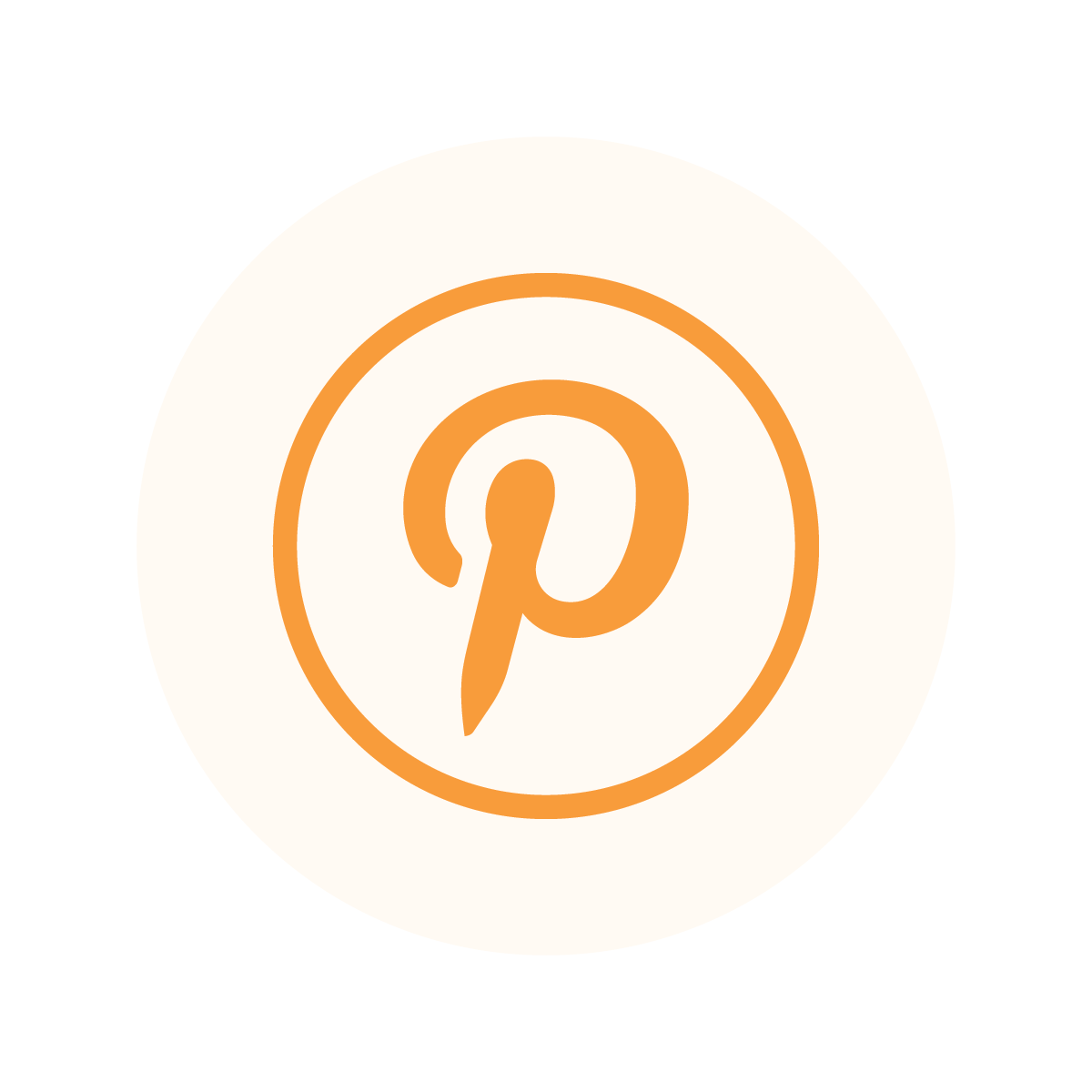 Orange Pinterest logo icon with a cursive P inside a circle on a light beige background.