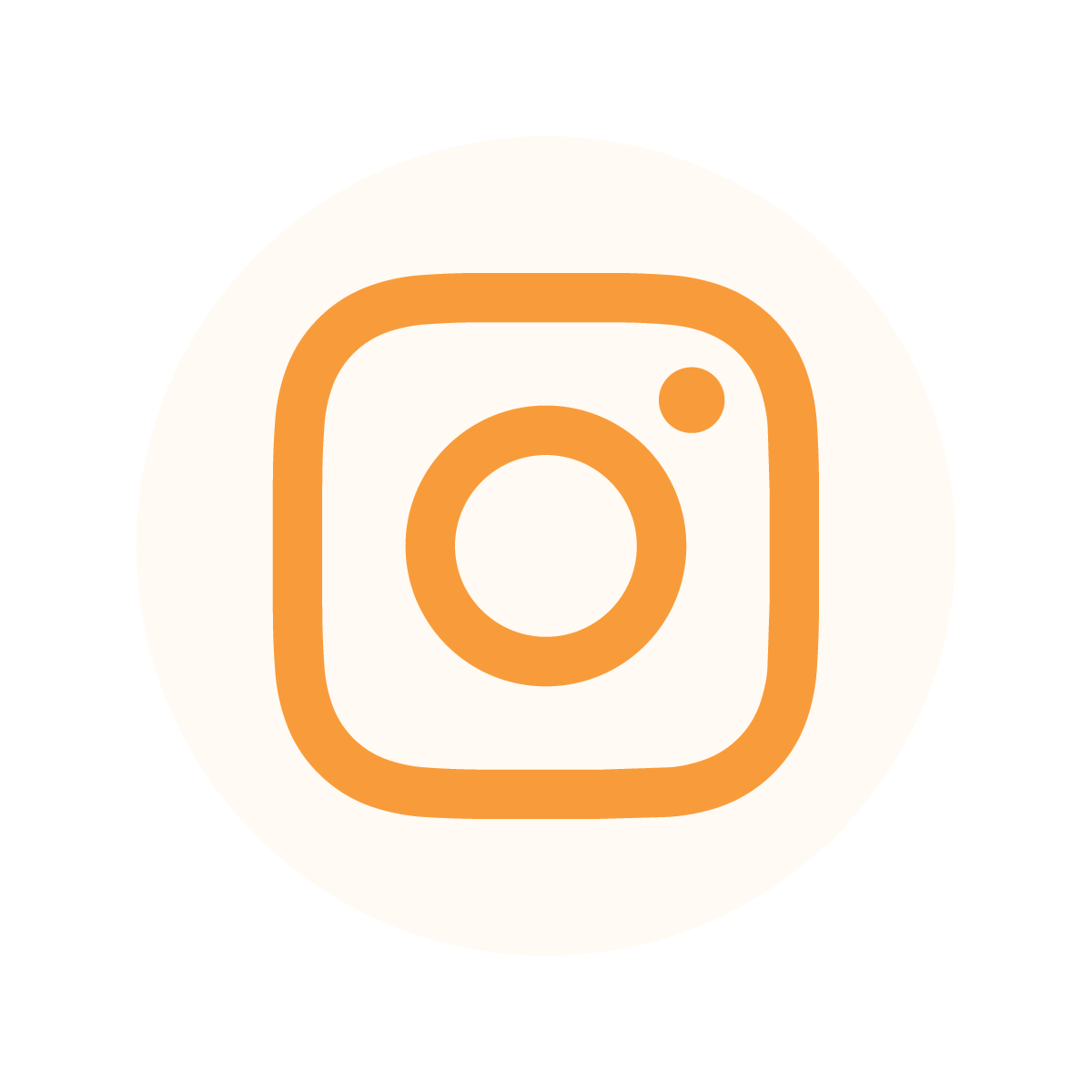 Orange Instagram logo icon on a light peach circular background, featuring a camera outline with a lens and viewfinder dot.