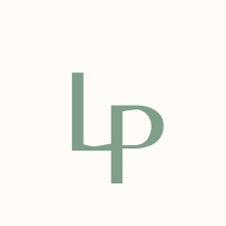 Minimalist LP monogram logo in muted sage green on a warm cream background.