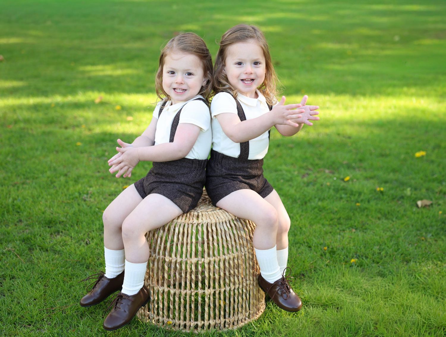 Twin girls in matching brown outfits sitting back-to-back on a wicker basket on green grass.