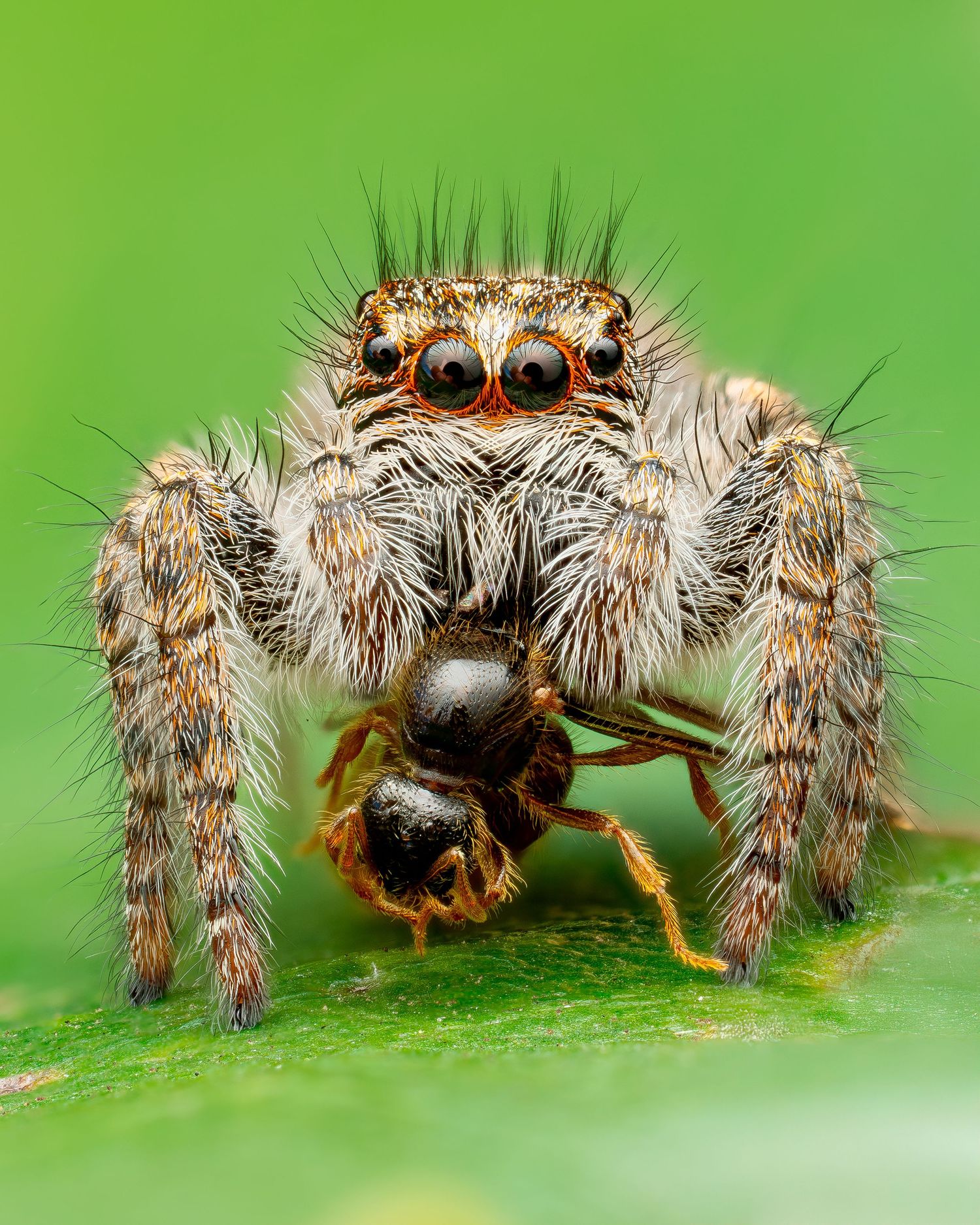A jumping spider eating a queen ant