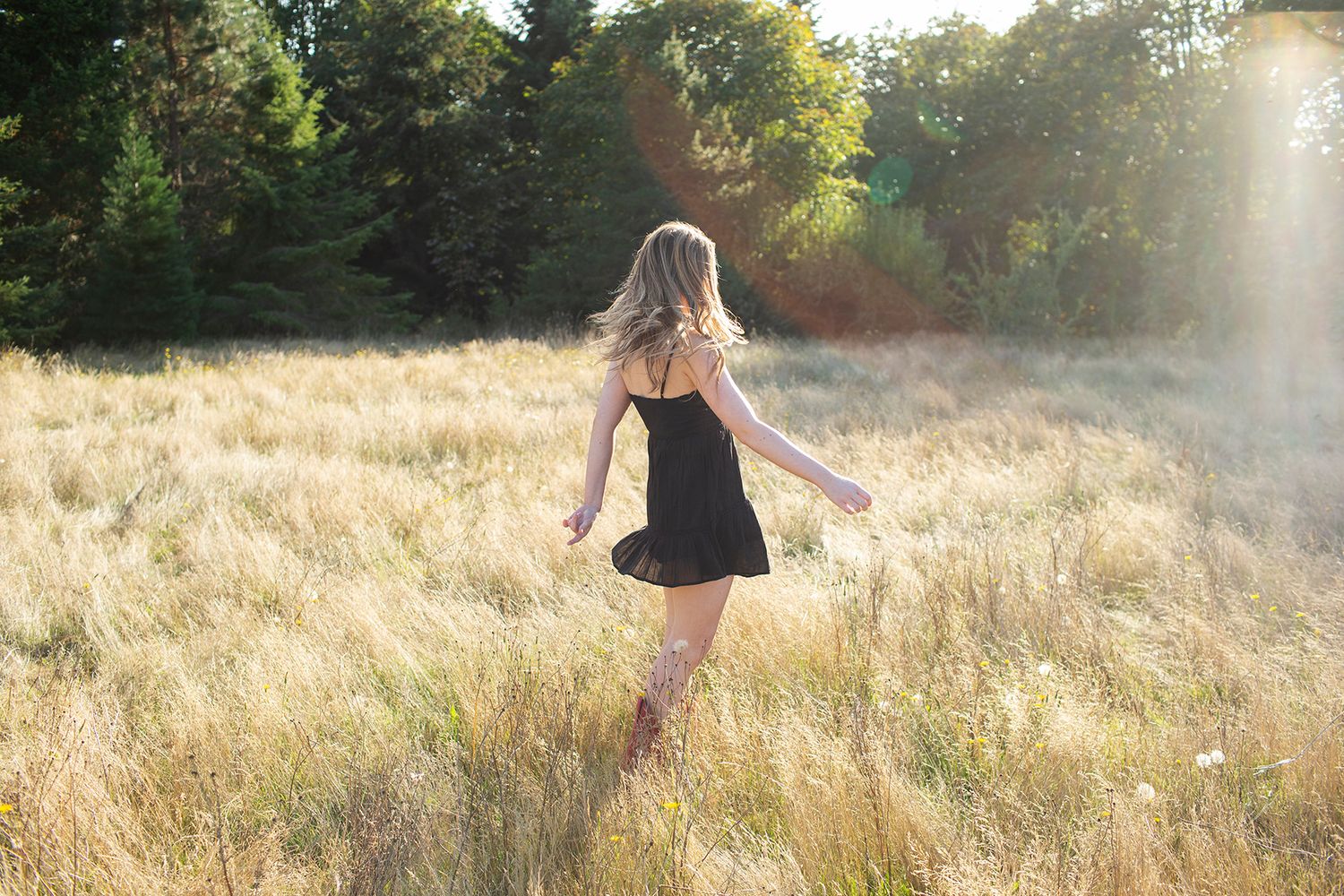 A young woman in a black dress and boots walks through a sunlit golden meadow with trees in the background.