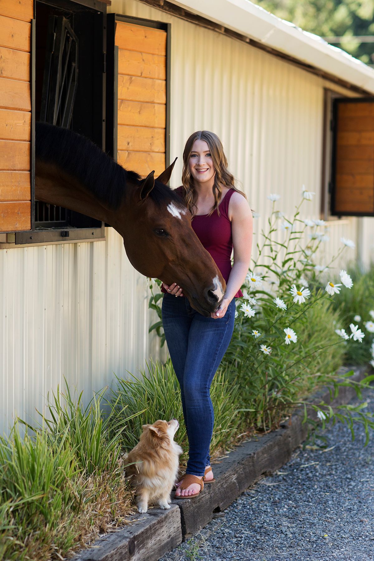 Young woman smiling beside a dark horse at a stable, with a small Corgi dog at her feet.