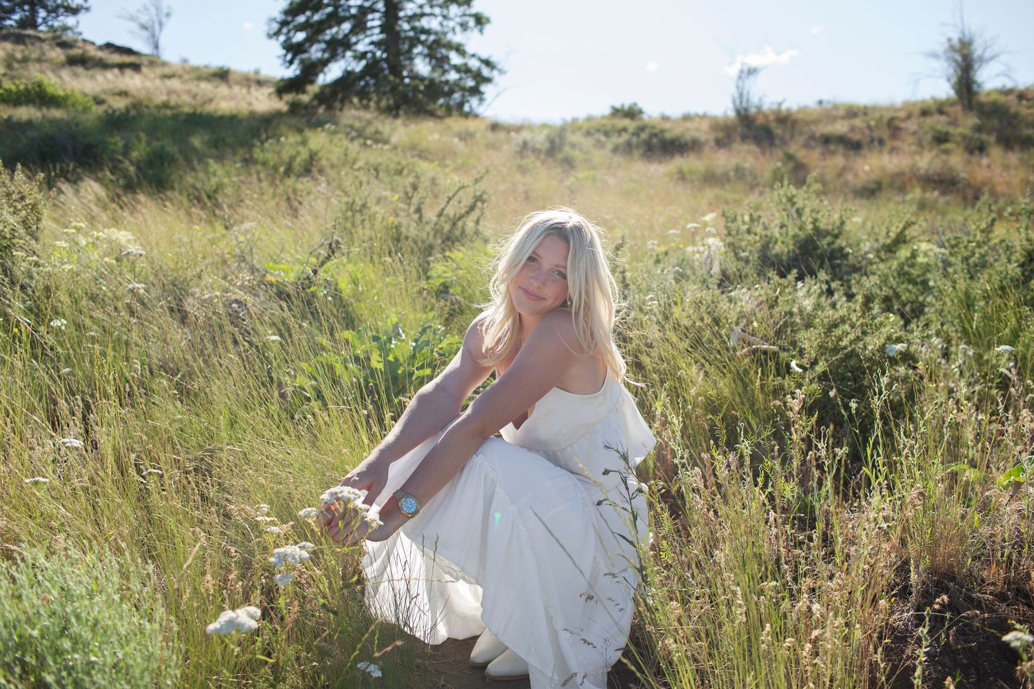 A blonde woman in a white strapless dress sits gracefully in a sunlit meadow surrounded by tall green grass.