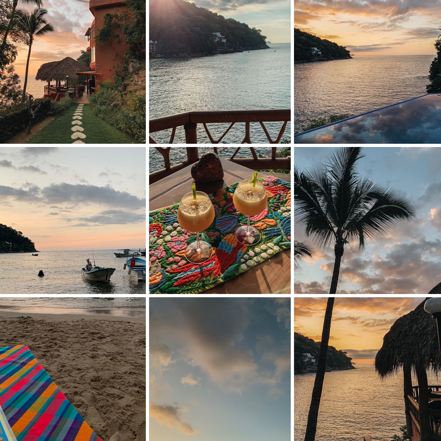 Collage of Mexican beach resort photos featuring colorful cocktails, palm trees, sunsets, and ocean views.