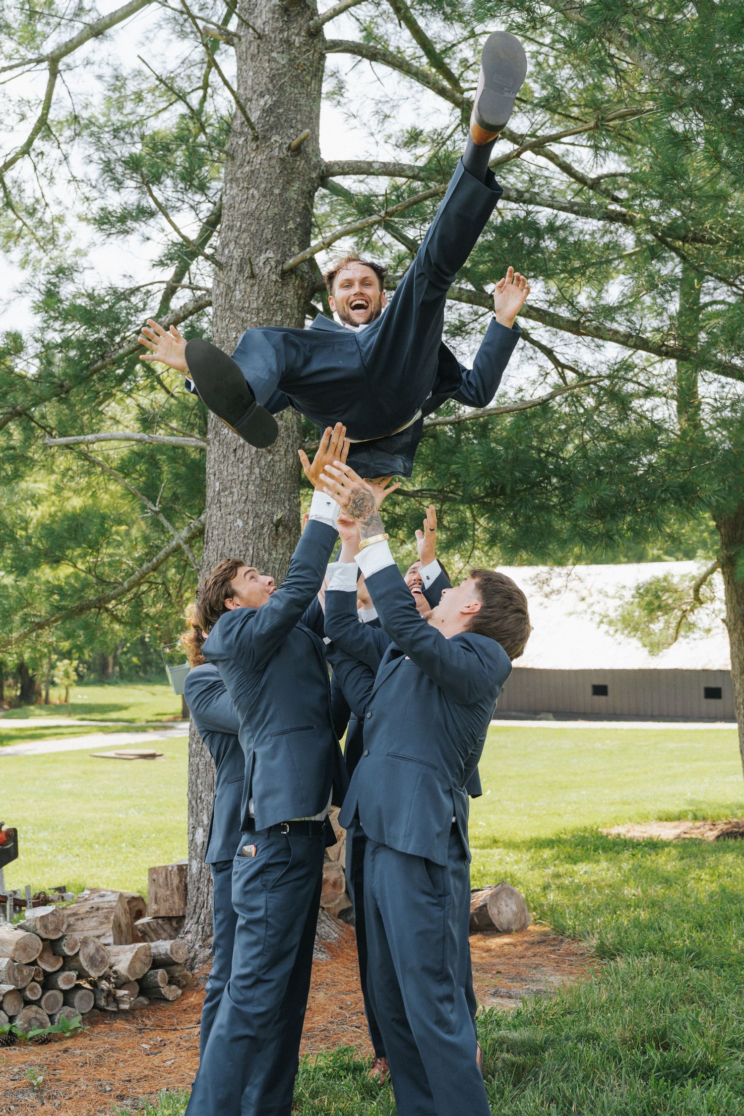 Groomsmen in navy suits tossing the groom into the air outdoors near a large tree on a wedding day.