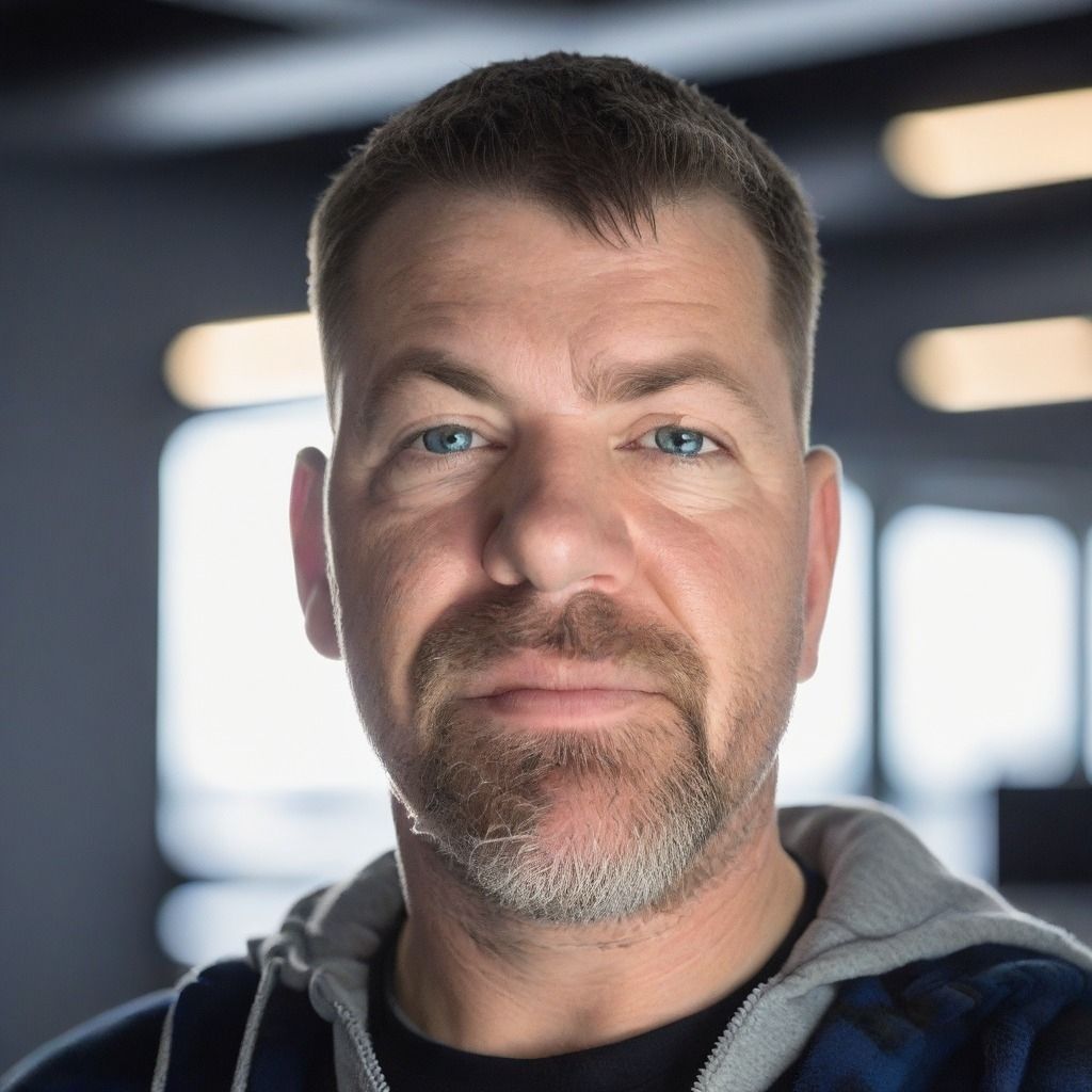 A middle-aged man with blue eyes and a short beard wearing a hoodie poses confidently in a modern office setting.
