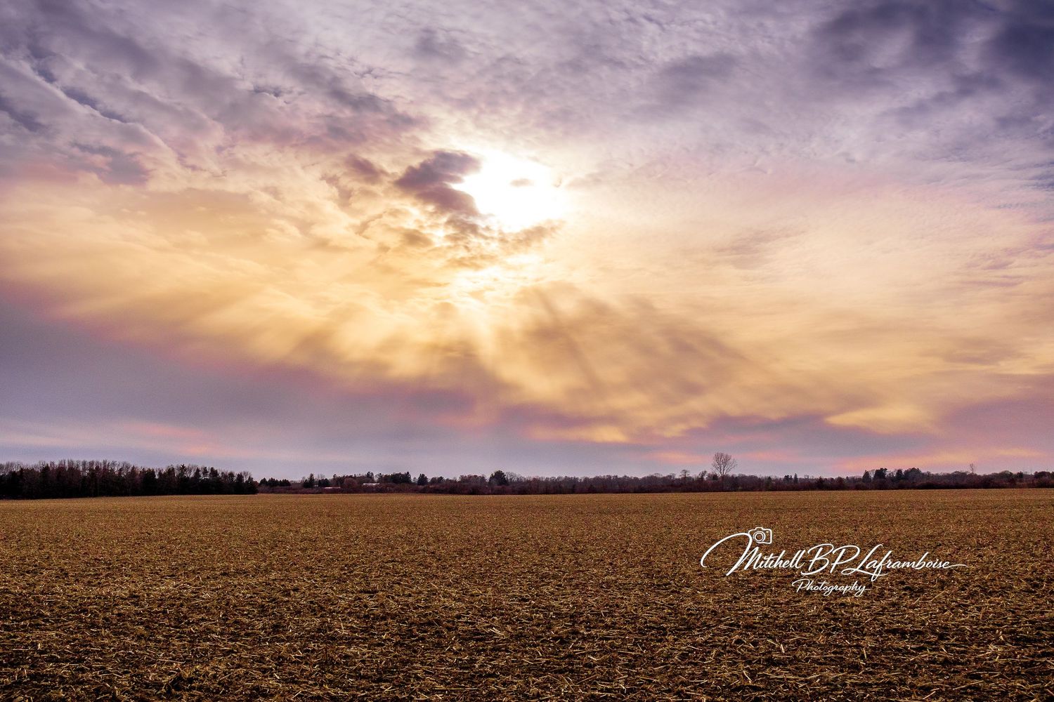 Golden sunset rays break through dramatic clouds over a vast plowed farm field at dusk.