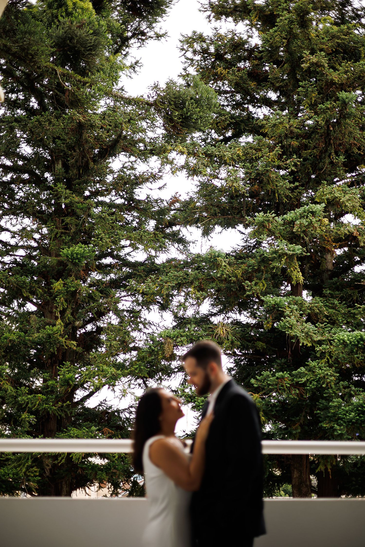 Blurred bride and groom share romantic moment on balcony with lush green evergreen trees in background.