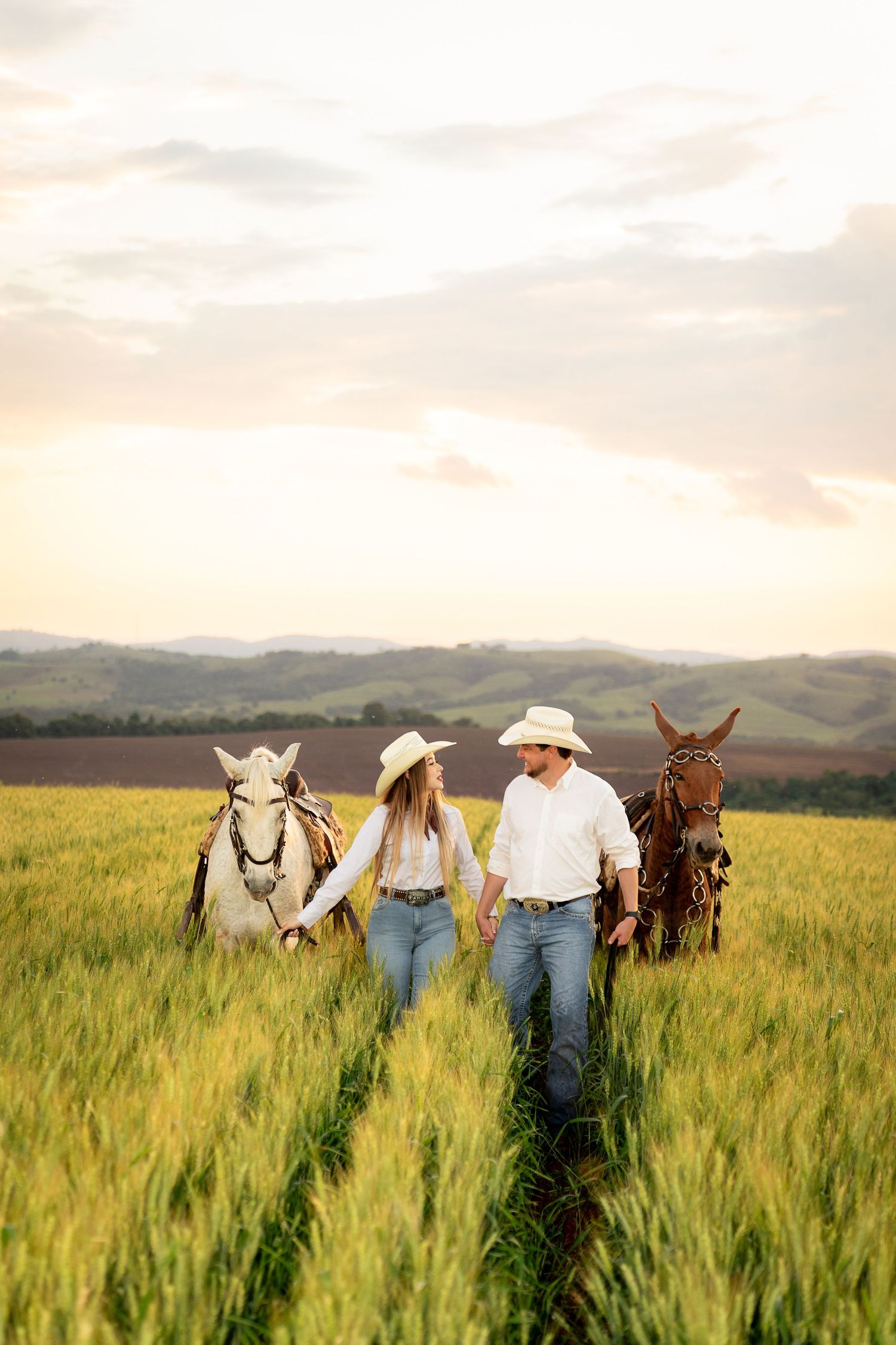 Couple in cowboy hats holding hands walking through green field with white horse and mule at sunset.