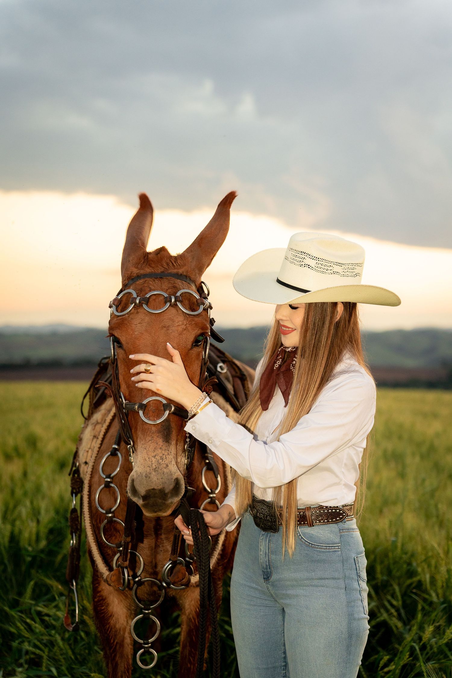 A young cowgirl in a white hat and jeans tenderly pets a brown horse in a green field at sunset.