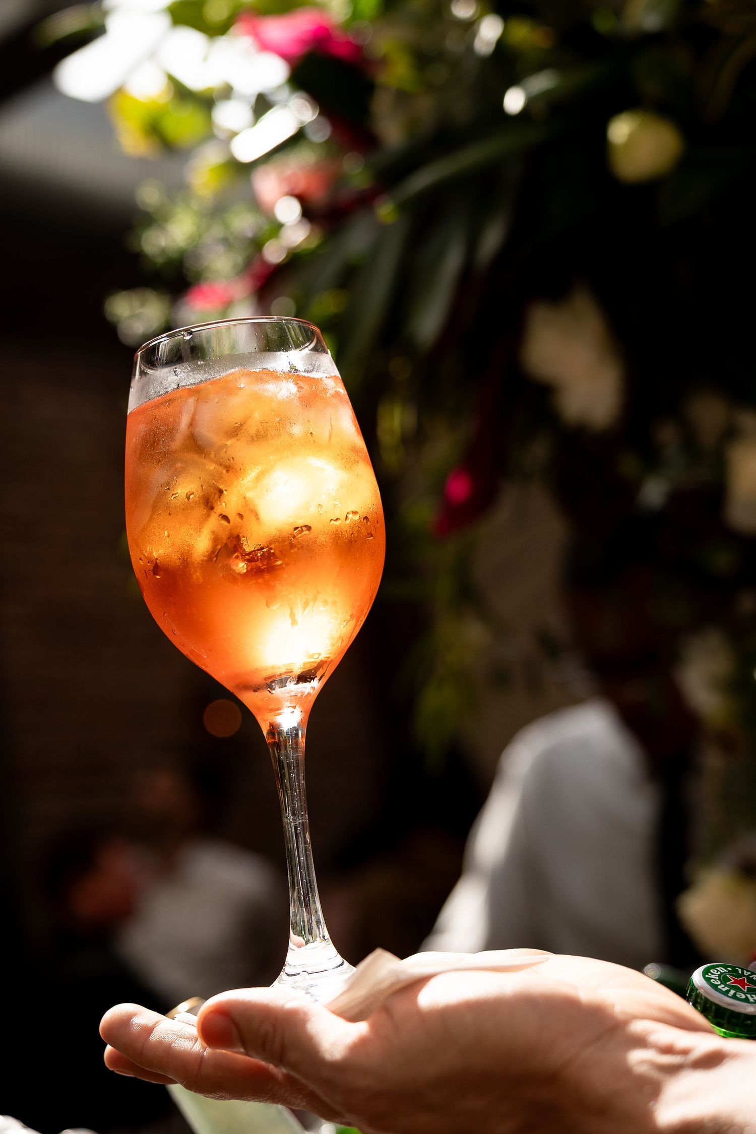 A hand holding a stemmed glass of Aperol Spritz with ice, backlit by sunlight with lush greenery in the background.