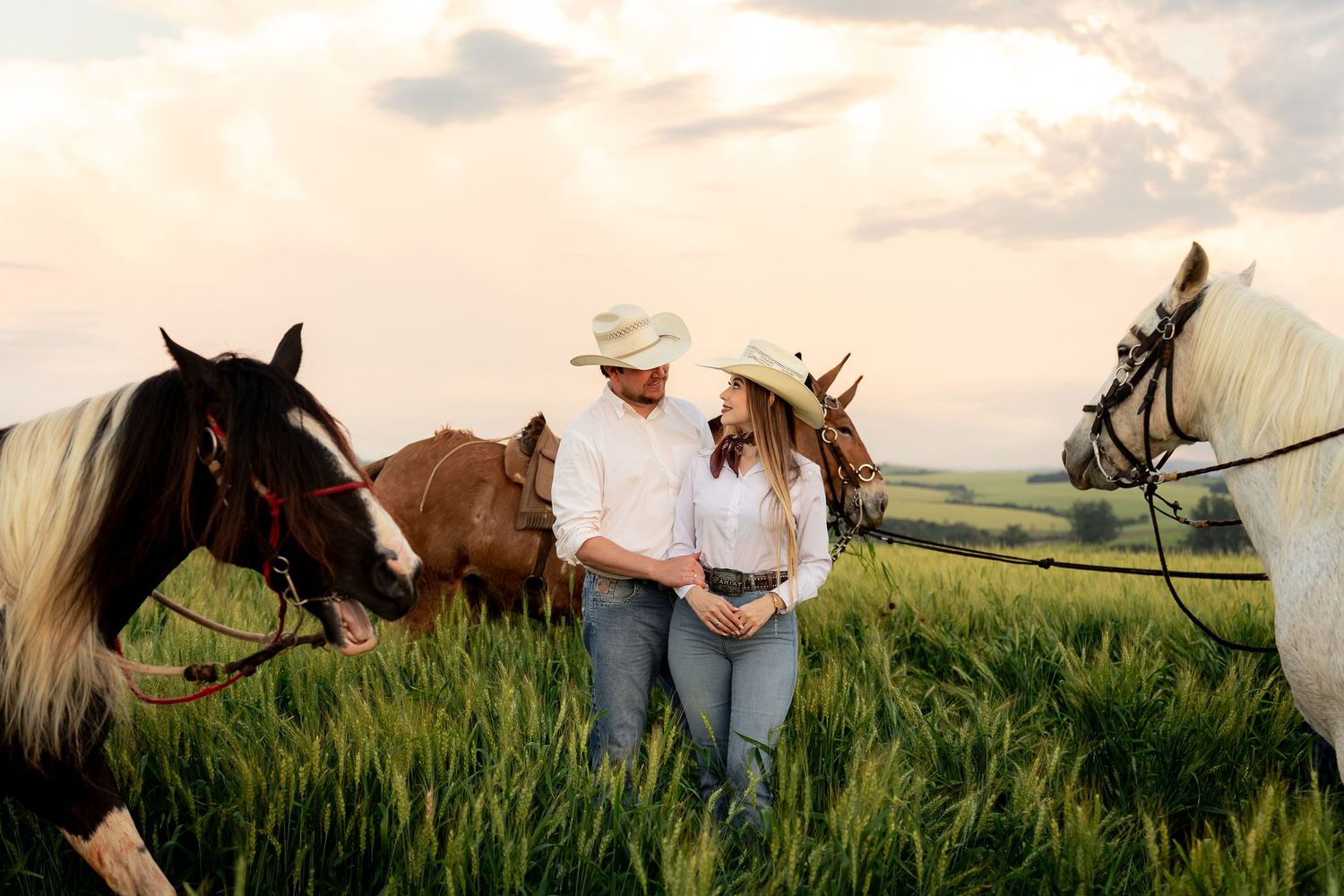 Couple in white cowboy hats standing in green field surrounded by horses at sunset.