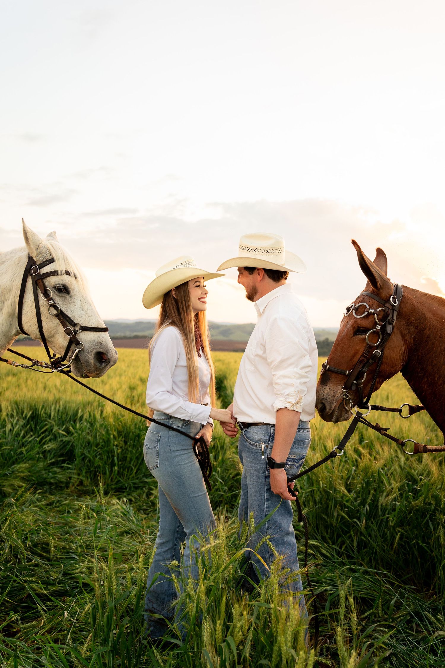 A couple in cowboy hats and jeans hold hands in a green field, flanked by a white and brown horse at sunset.