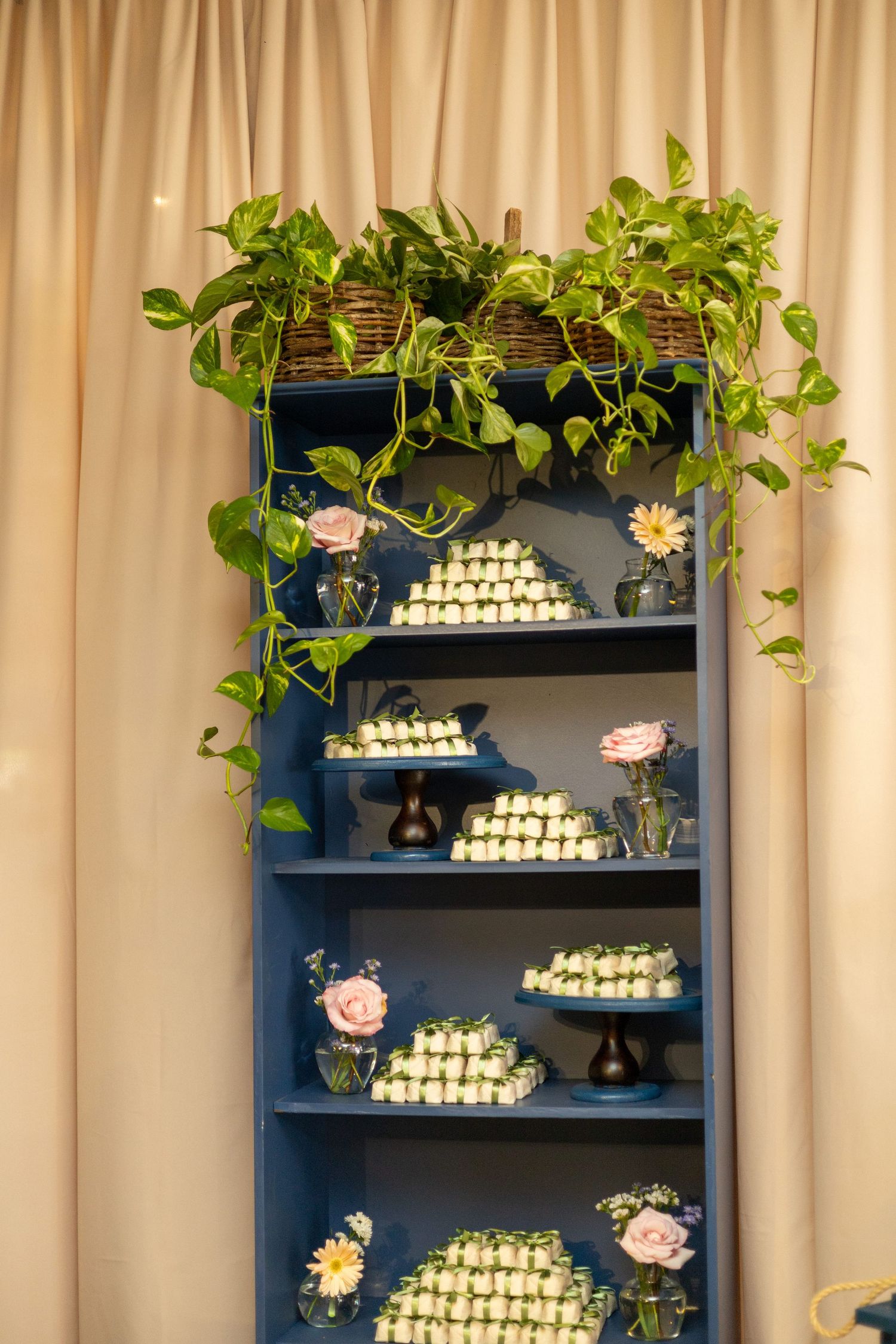 Blue bookshelf displaying tiered dessert displays with white treats, pink roses, and trailing green ivy plants against cream curtains.