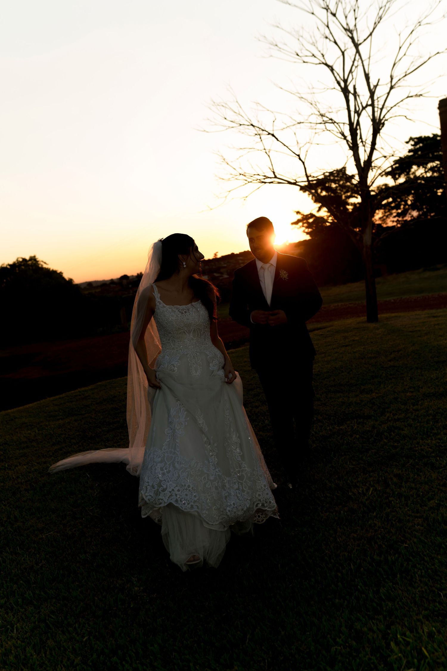 Bride and groom silhouetted against golden sunset sky, walking on green grass with bare tree in background.