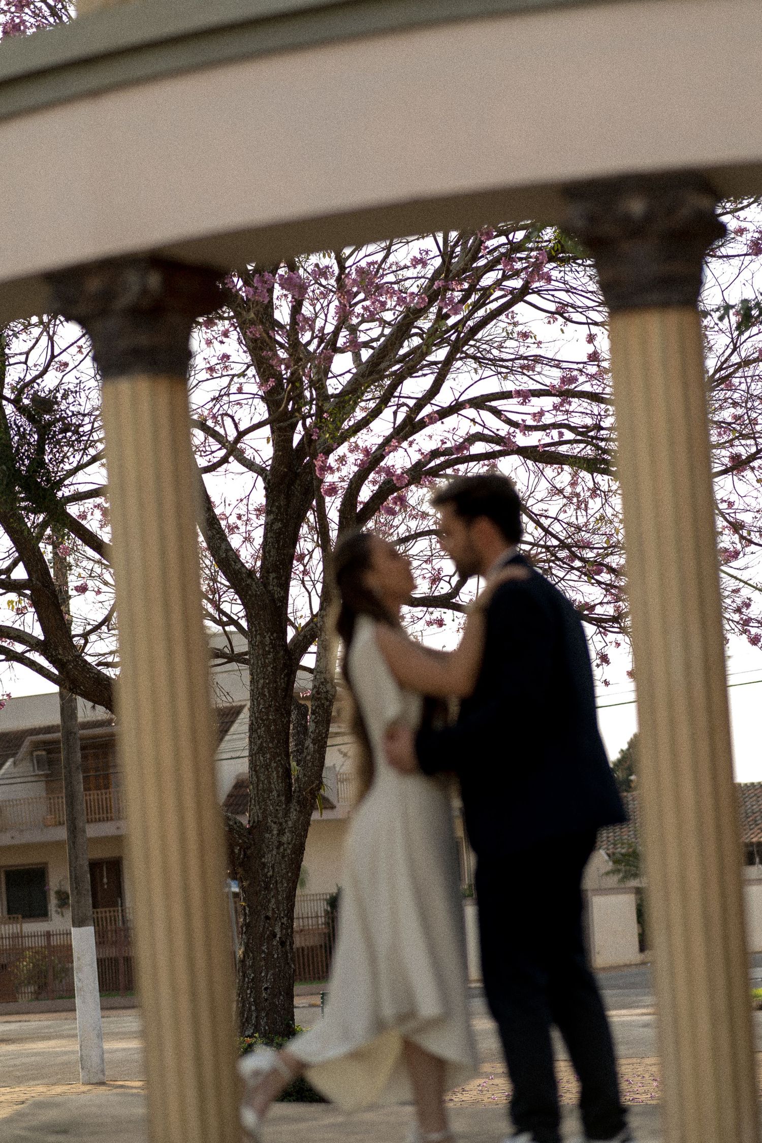 A couple shares a romantic moment under a columned gazebo with a blooming pink cherry blossom tree in the background.