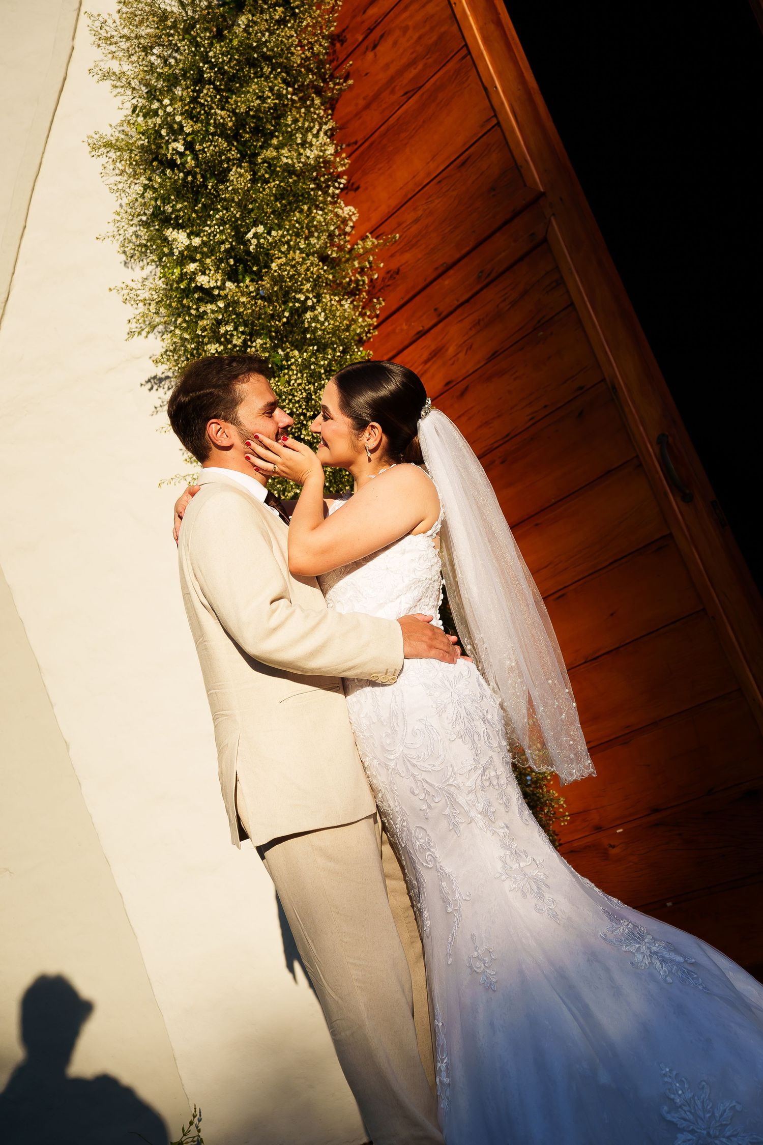 Bride and groom share a romantic kiss in wedding attire, with a lace gown and veil, against a rustic wooden backdrop.