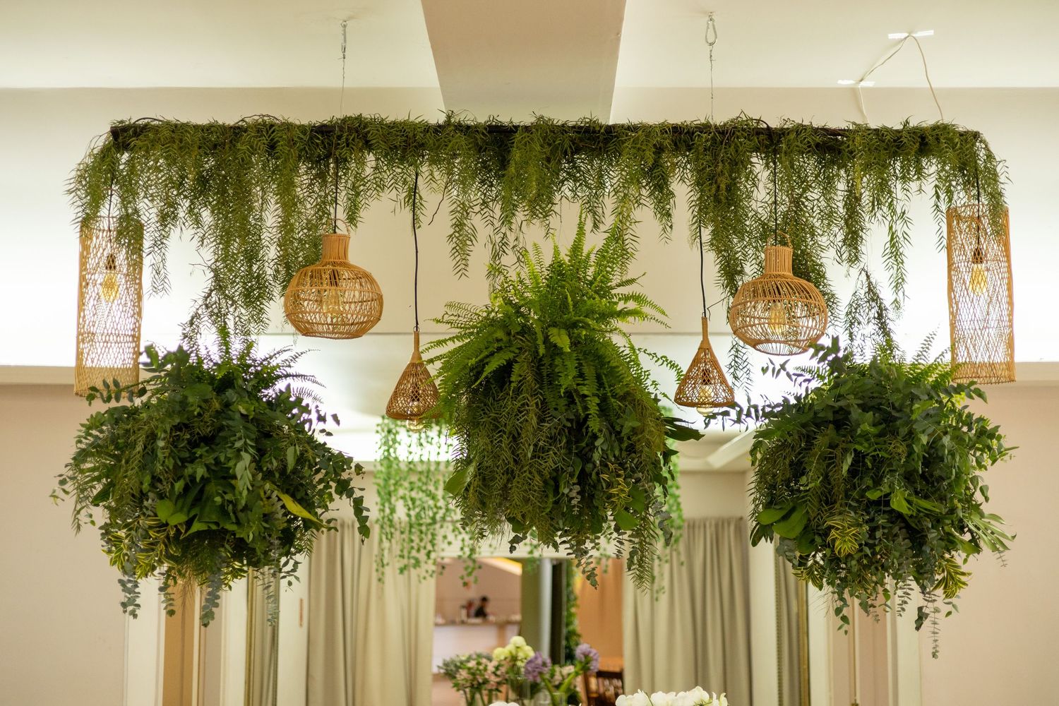Hanging ferns and wicker pendant lights create a lush botanical ceiling display in a bright interior space.
