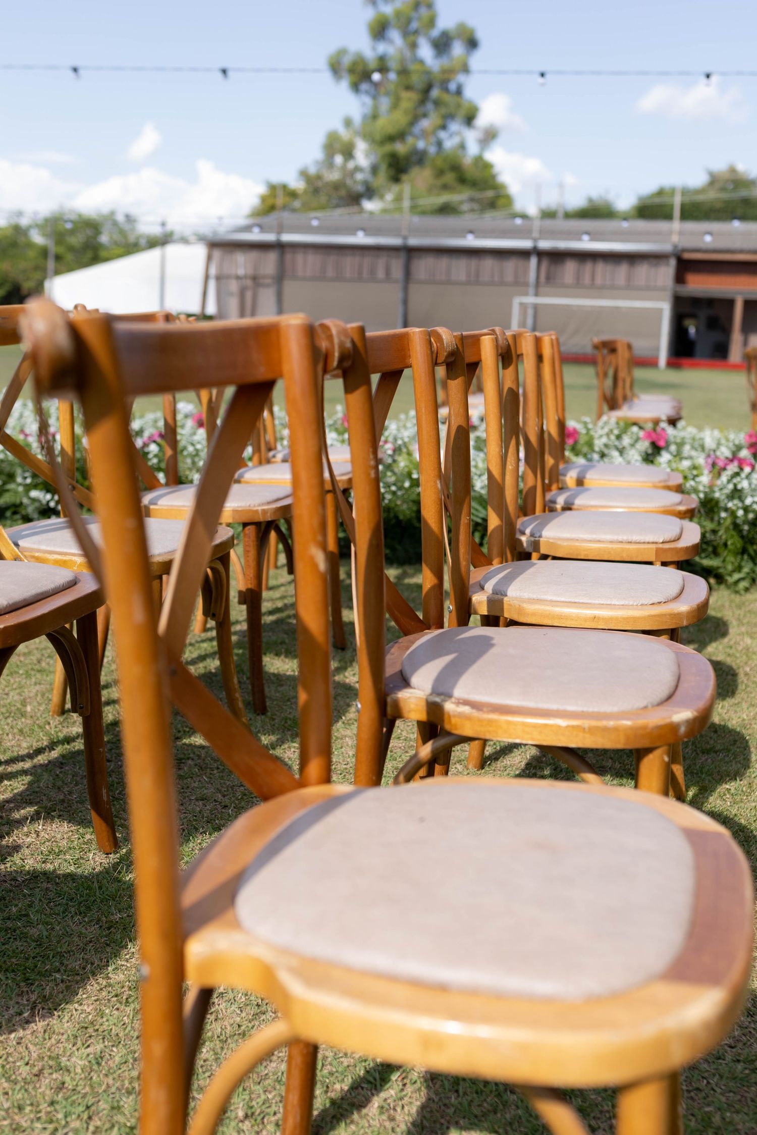 Rows of wooden crossback chairs with cushioned seats arranged on green grass for an outdoor wedding ceremony.