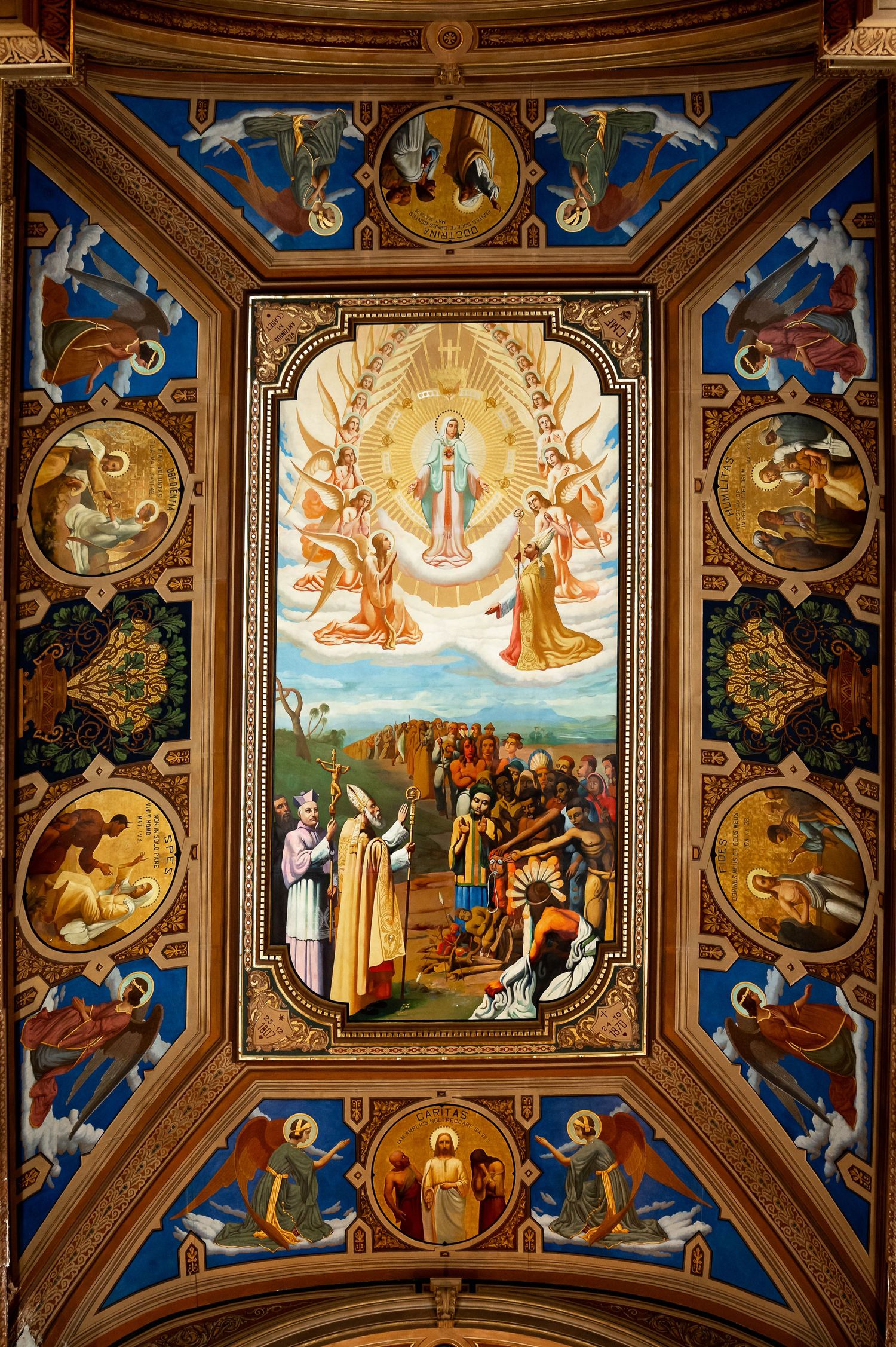 Ornate church ceiling fresco depicting the Virgin Mary ascending to heaven surrounded by angels and saints in vivid colors.