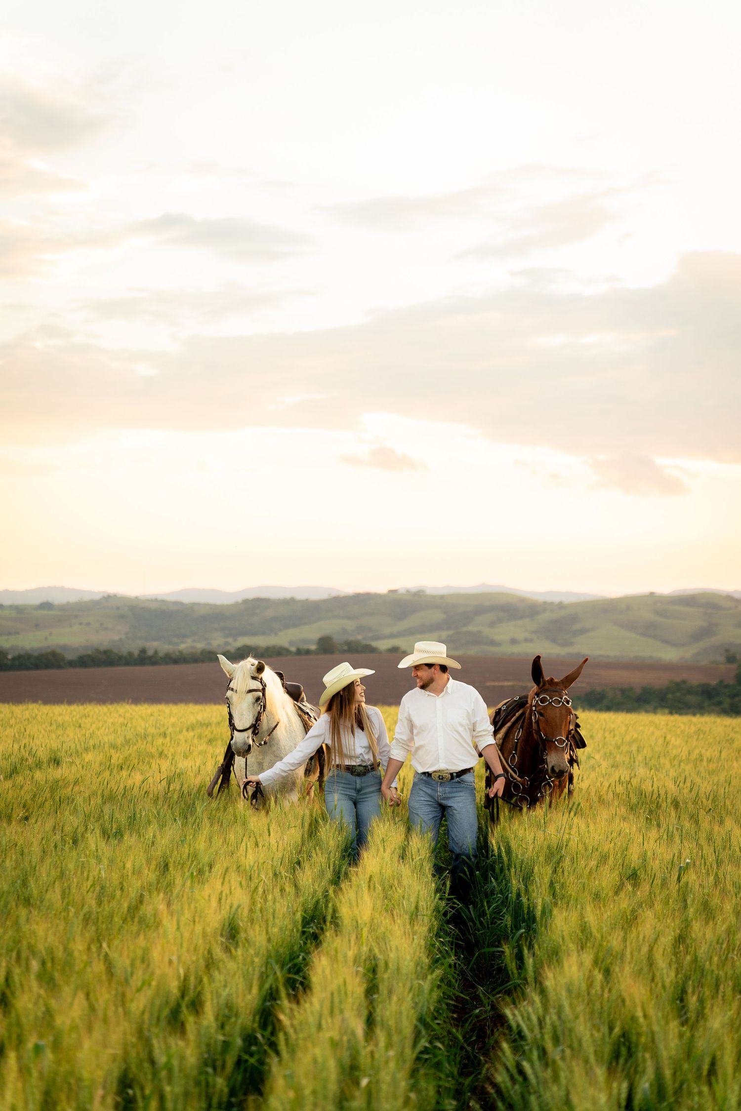 A couple in cowboy hats and jeans walk hand-in-hand through a green field at sunset, each leading a horse.