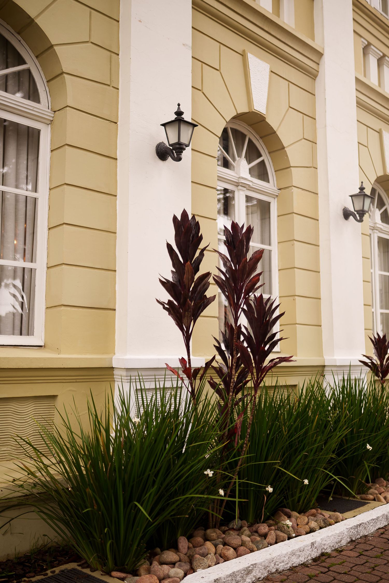 Yellow colonial building facade with arched windows, wall lanterns, and red tropical plants in a landscaped garden bed.
