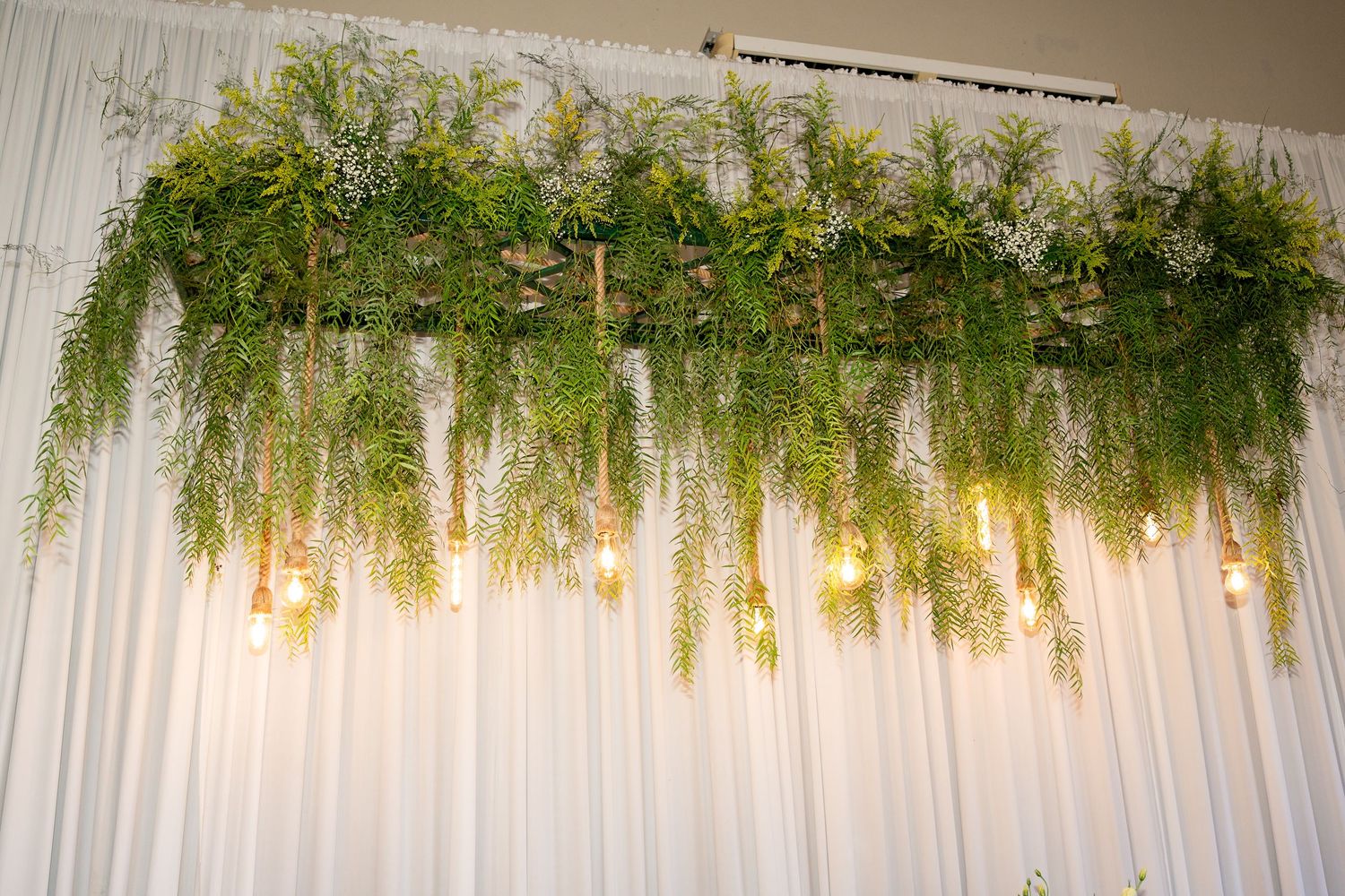 Lush green fern garland with hanging Edison bulbs against white drape backdrop for elegant wedding decor.