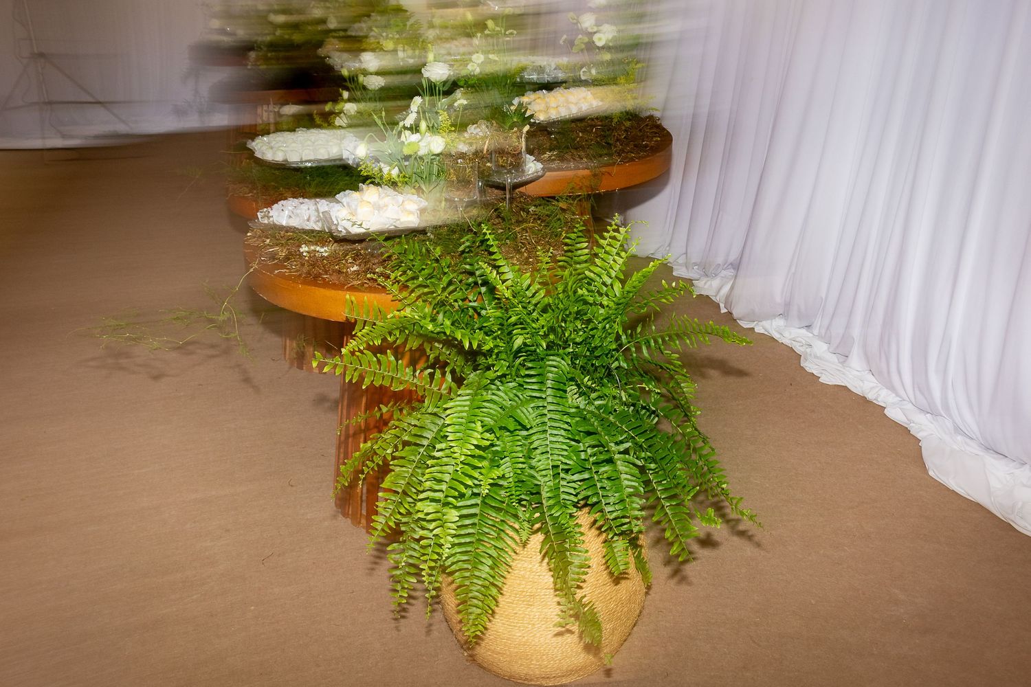 A lush green fern plant in a wicker pot displayed on a wooden floor with blurred mirror decorations.