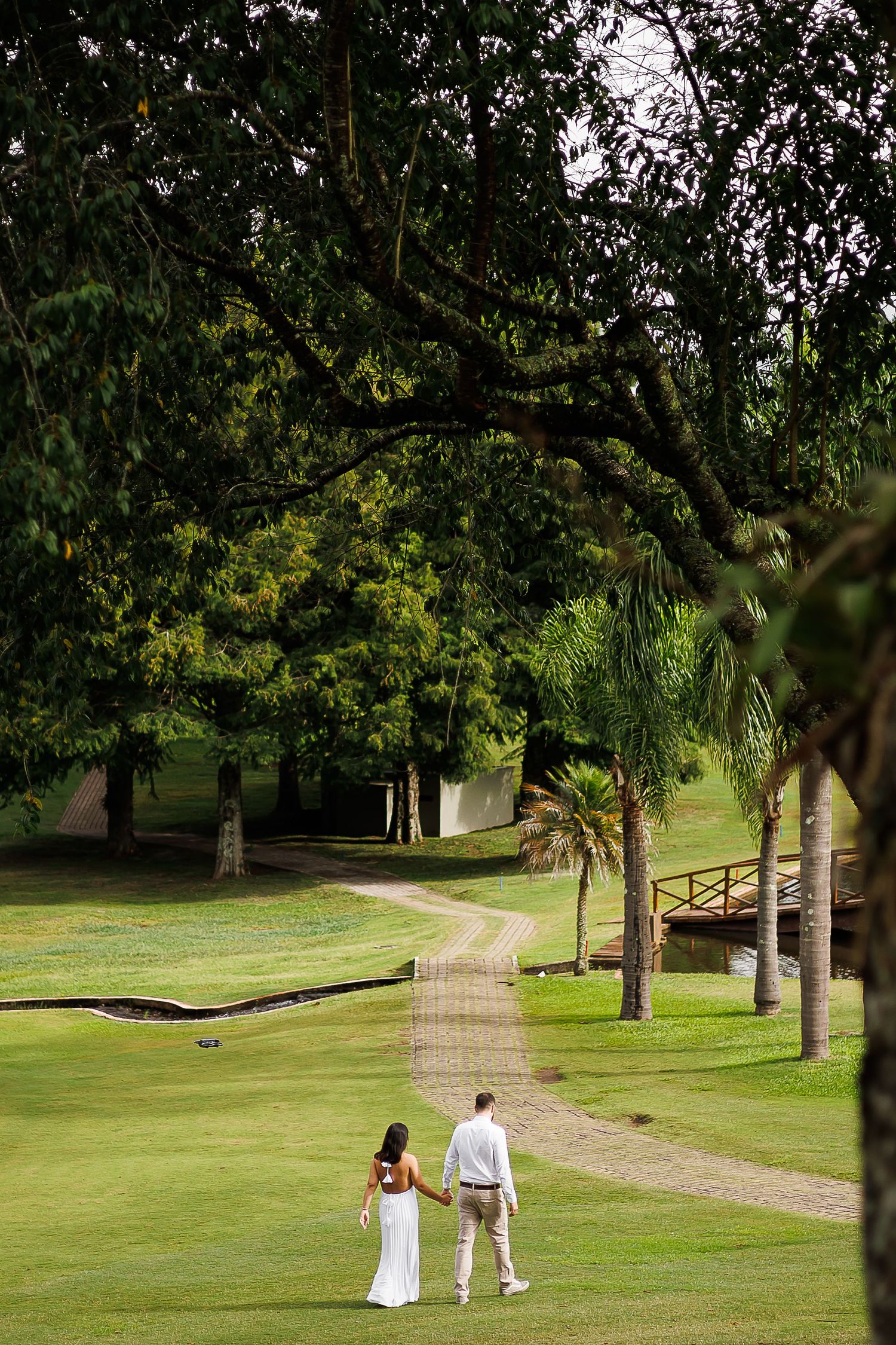 A couple in wedding attire walks hand-in-hand along a scenic path surrounded by lush green trees and manicured lawns.