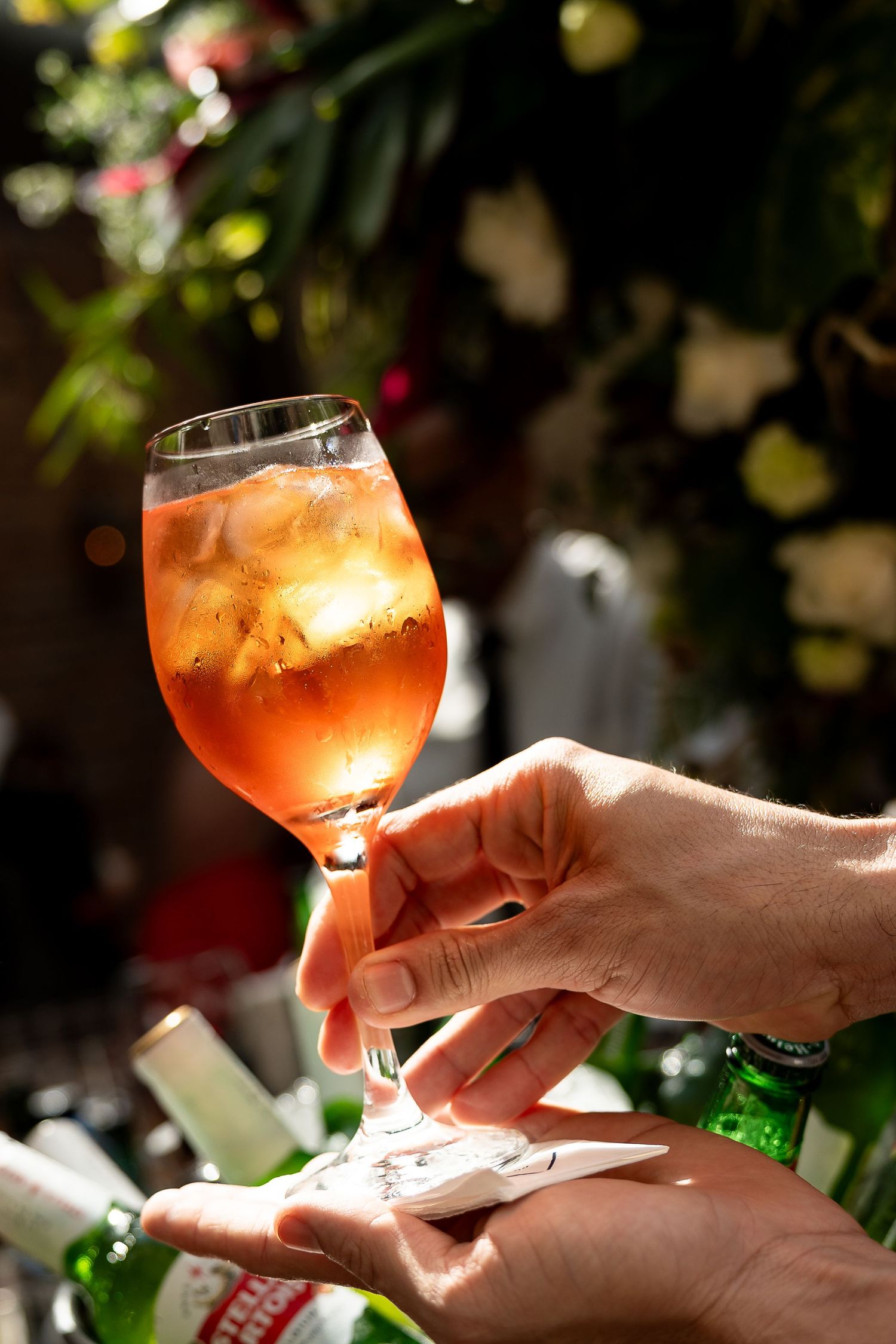 Hands holding a chilled Aperol Spritz cocktail in a wine glass with ice, outdoors with green foliage background.