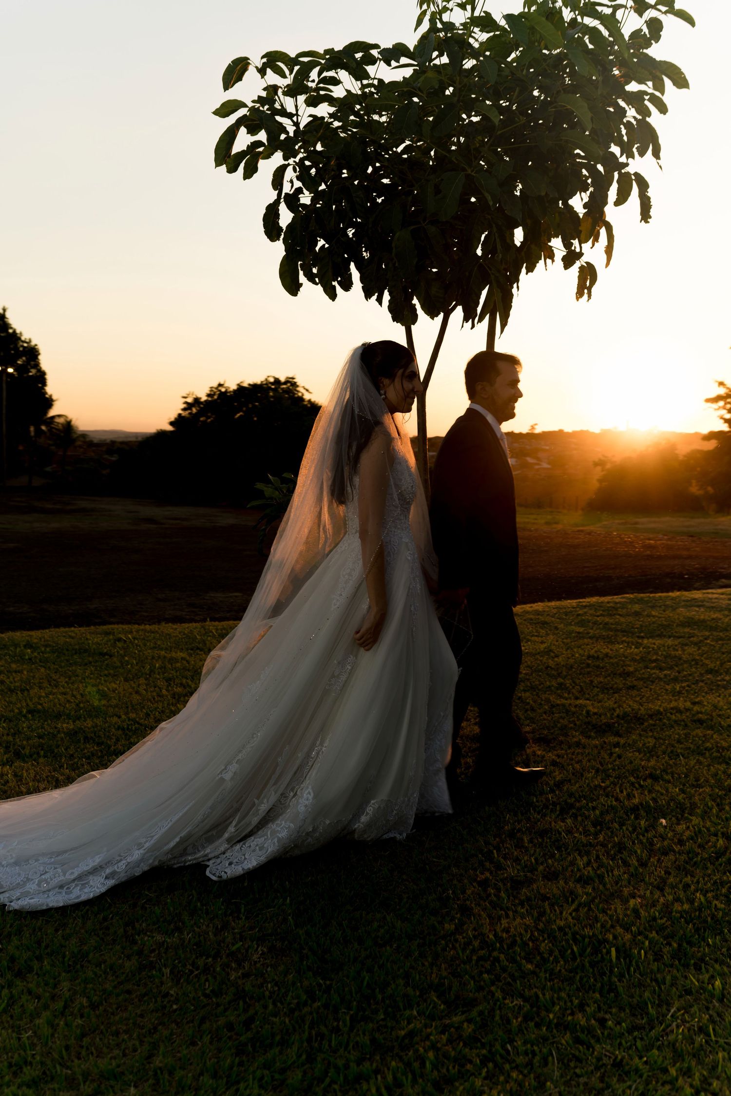 Bride and groom silhouetted at golden sunset beside a tree on lush green lawn in wedding attire.