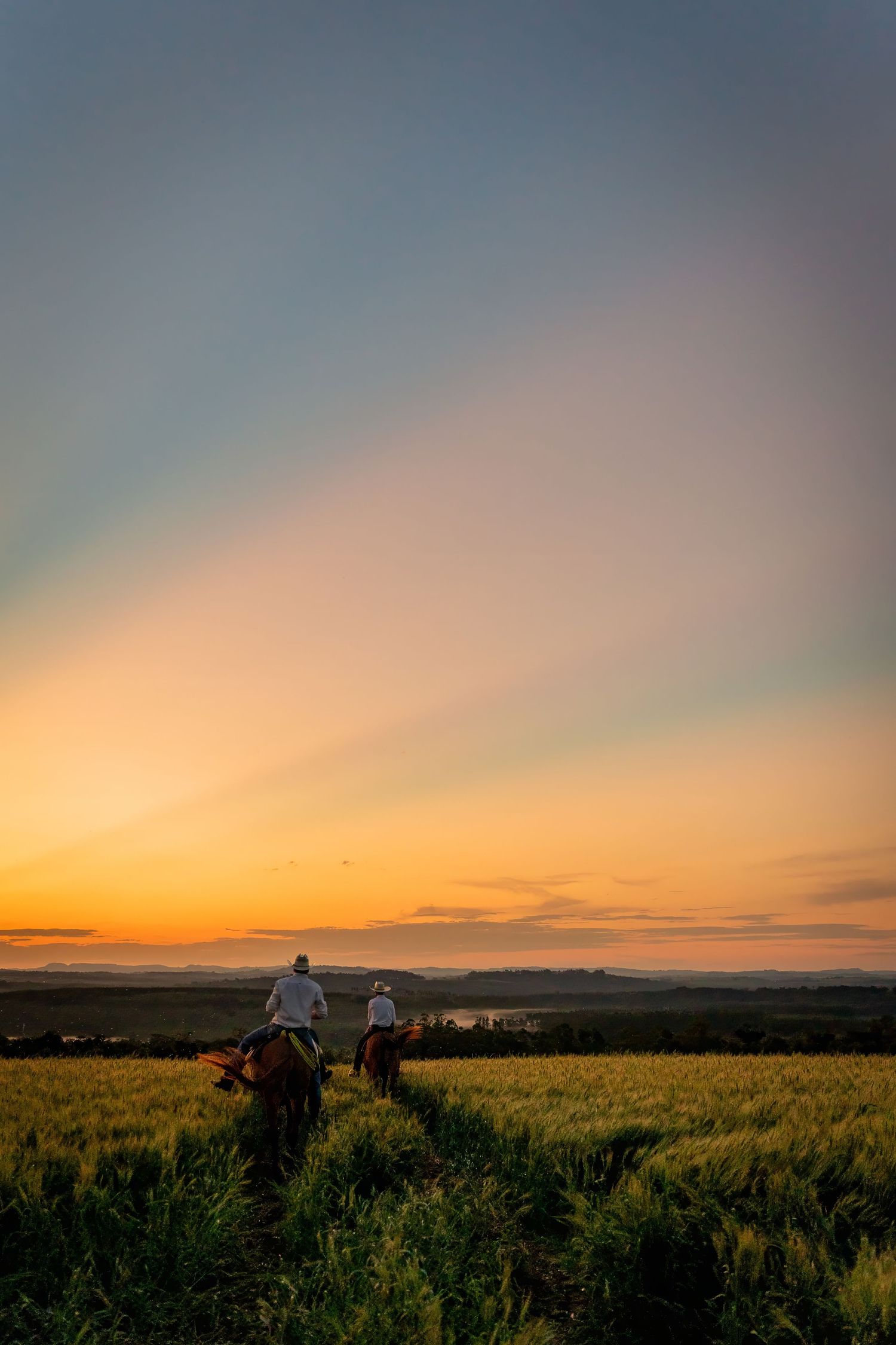 Two horseback riders traverse a lush green field at golden sunset, silhouetted against a vibrant orange and blue sky.