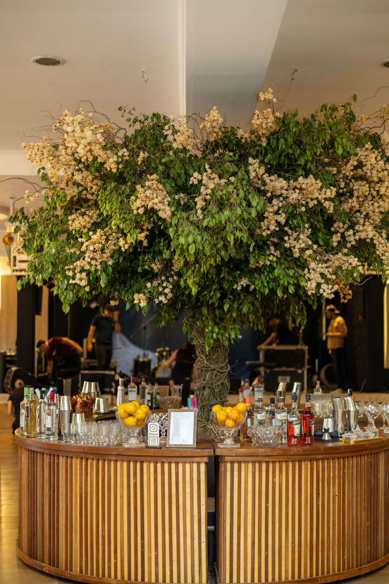 Large flowering tree centerpiece atop a round wooden bar counter with bottles and lemons in a restaurant.