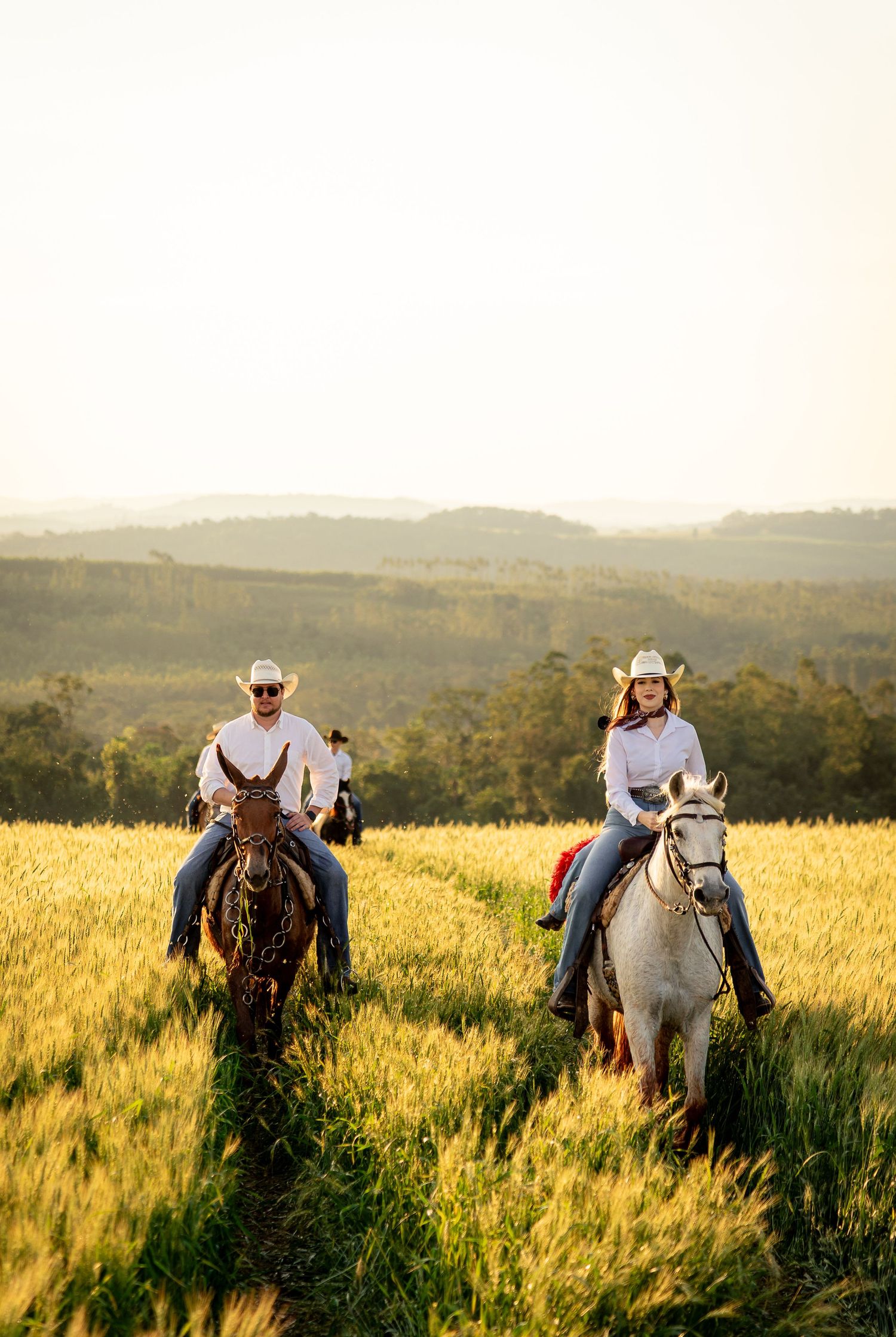 Two cowboys in white shirts and hats ride horses through a golden wheat field at sunset with rolling hills behind.