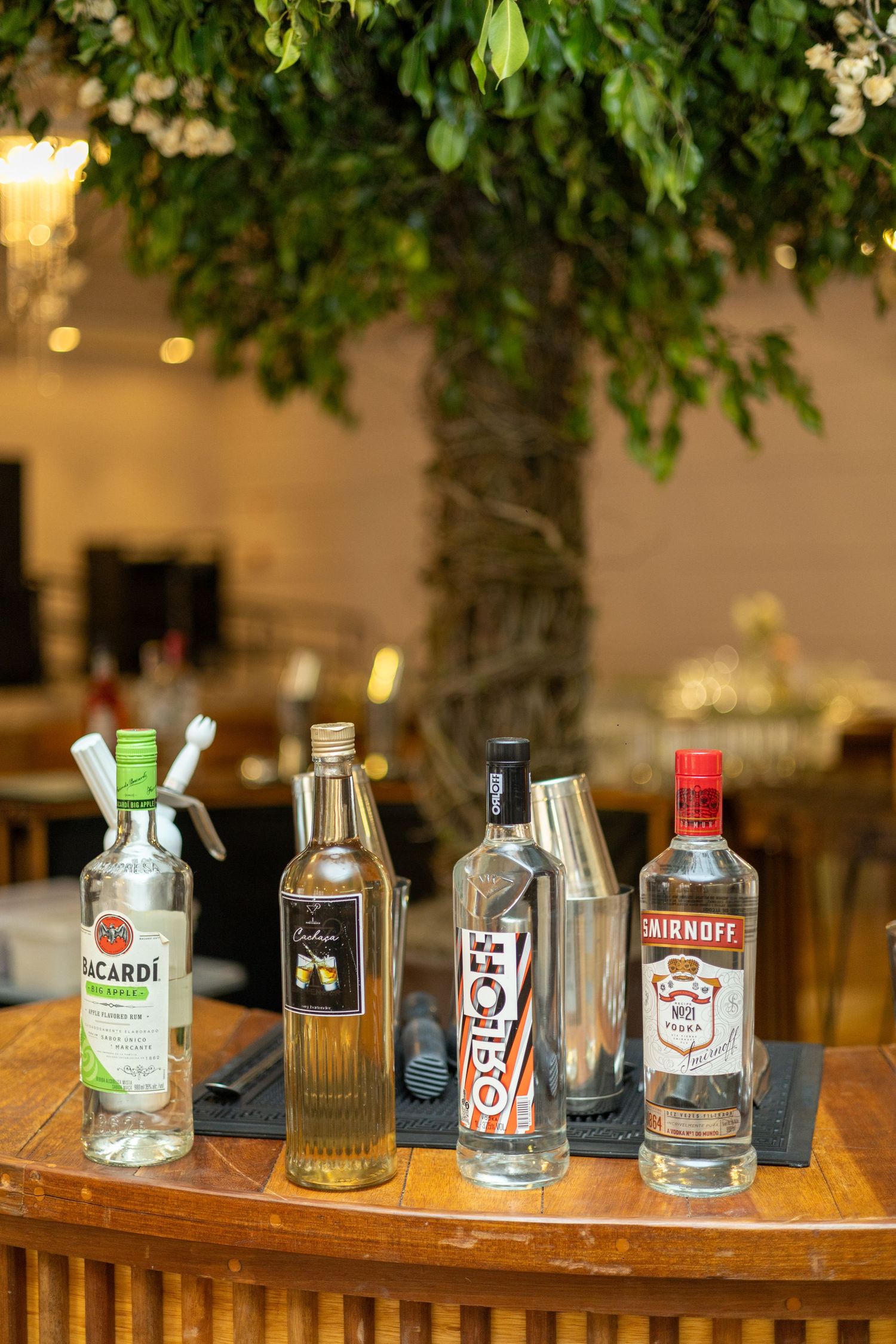 Bacardi, Smirnoff, and other liquor bottles arranged on a wooden bar table with a lush green tree backdrop.