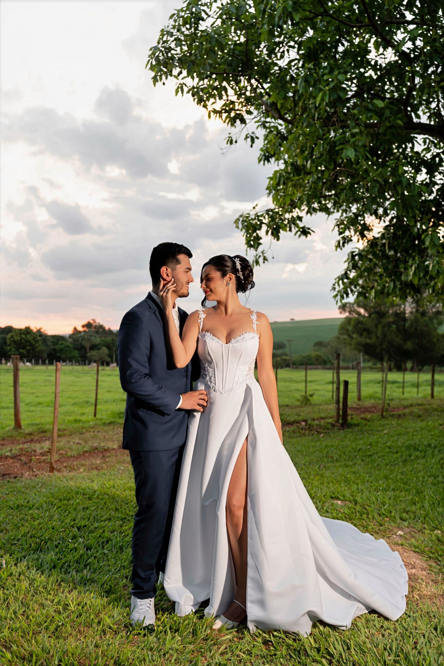 Bride and groom share a romantic moment under a tree in a lush green field at sunset.