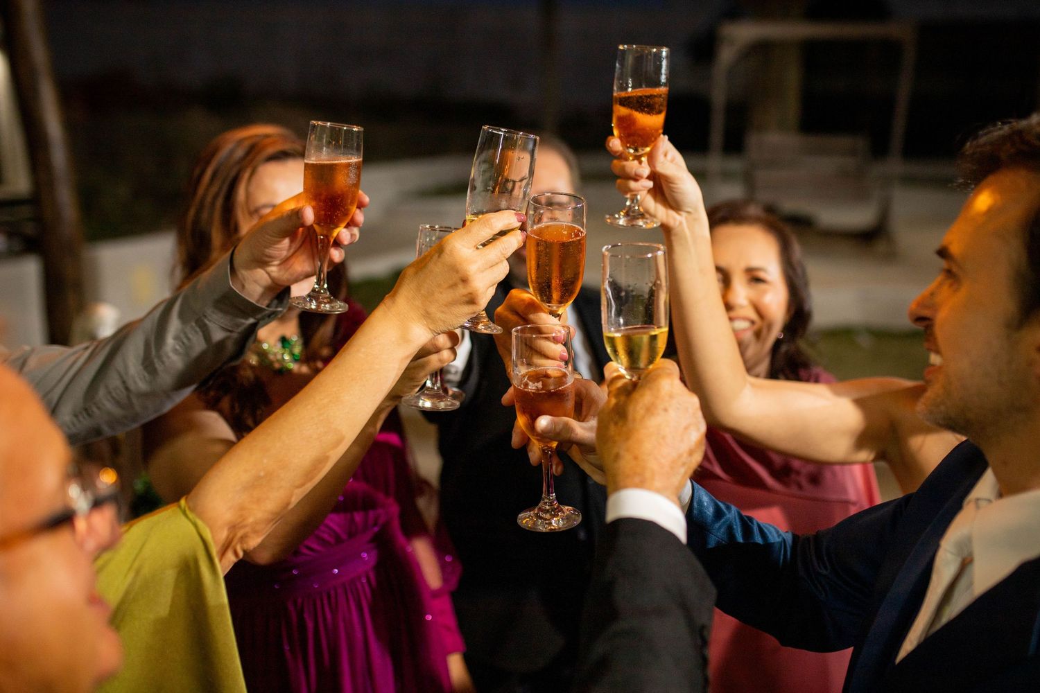 Group of elegantly dressed people toasting with champagne glasses at a festive celebration or wedding reception.