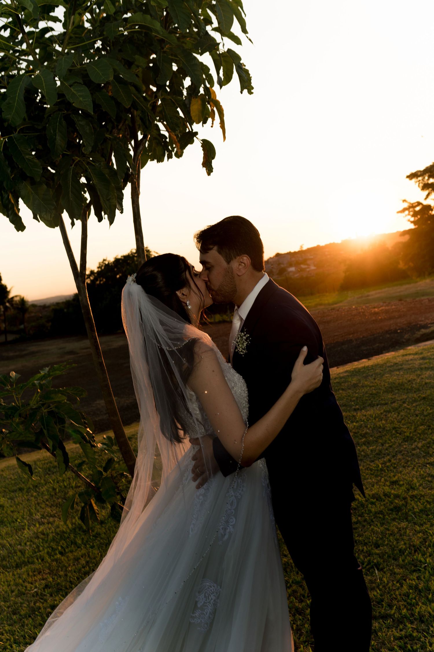 Bride and groom share a romantic sunset kiss outdoors, with a lush tree and golden horizon in the background.