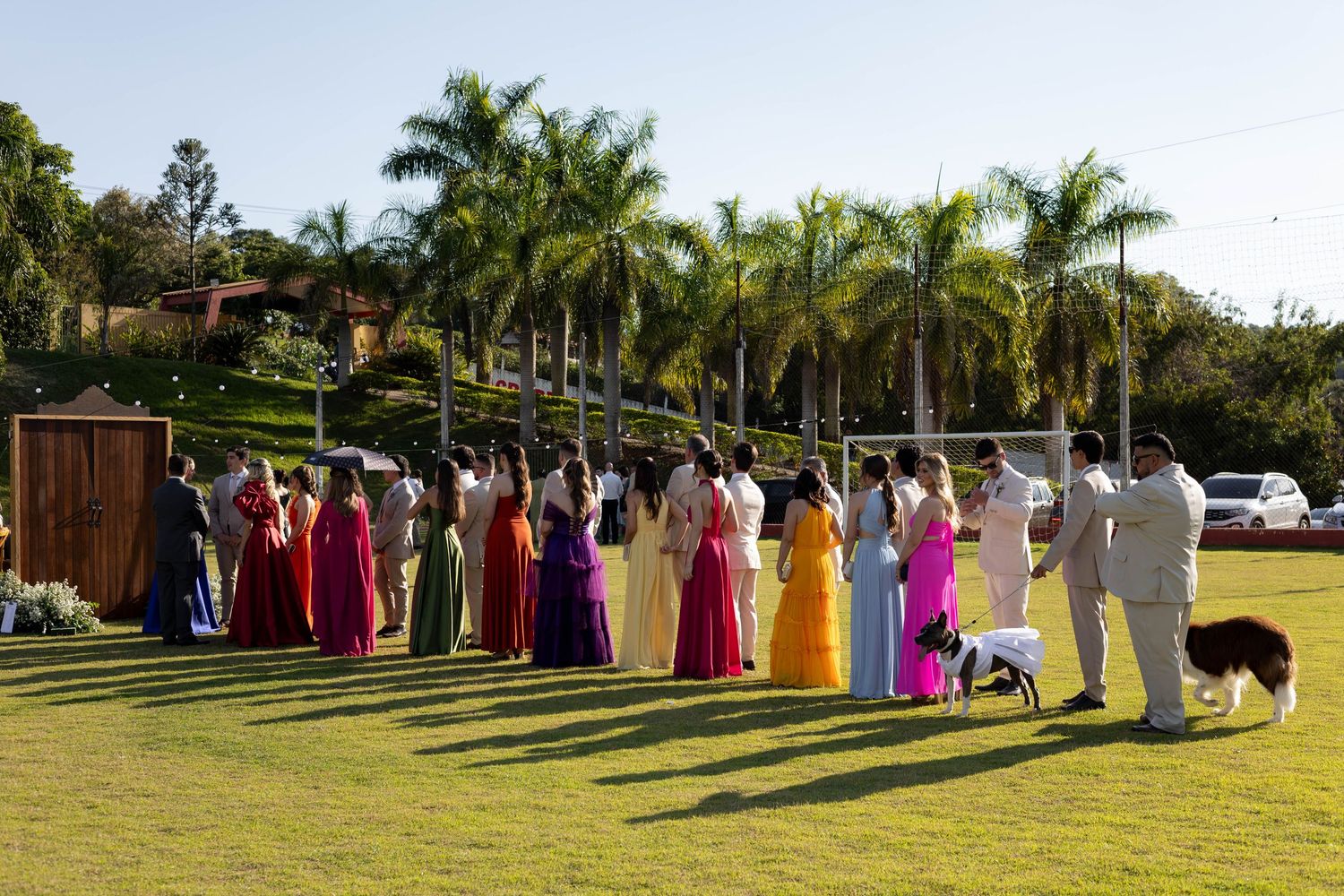 Colorful wedding party lineup on green lawn with palm trees, guests in vibrant gowns and a dog nearby.